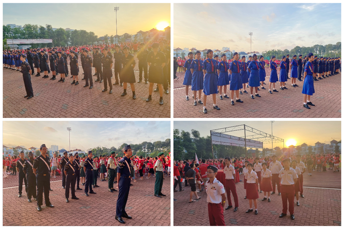 Four photos of uniformed youth groups standing in formation on a brick plaza at sunrise, with crowds in red behind them.