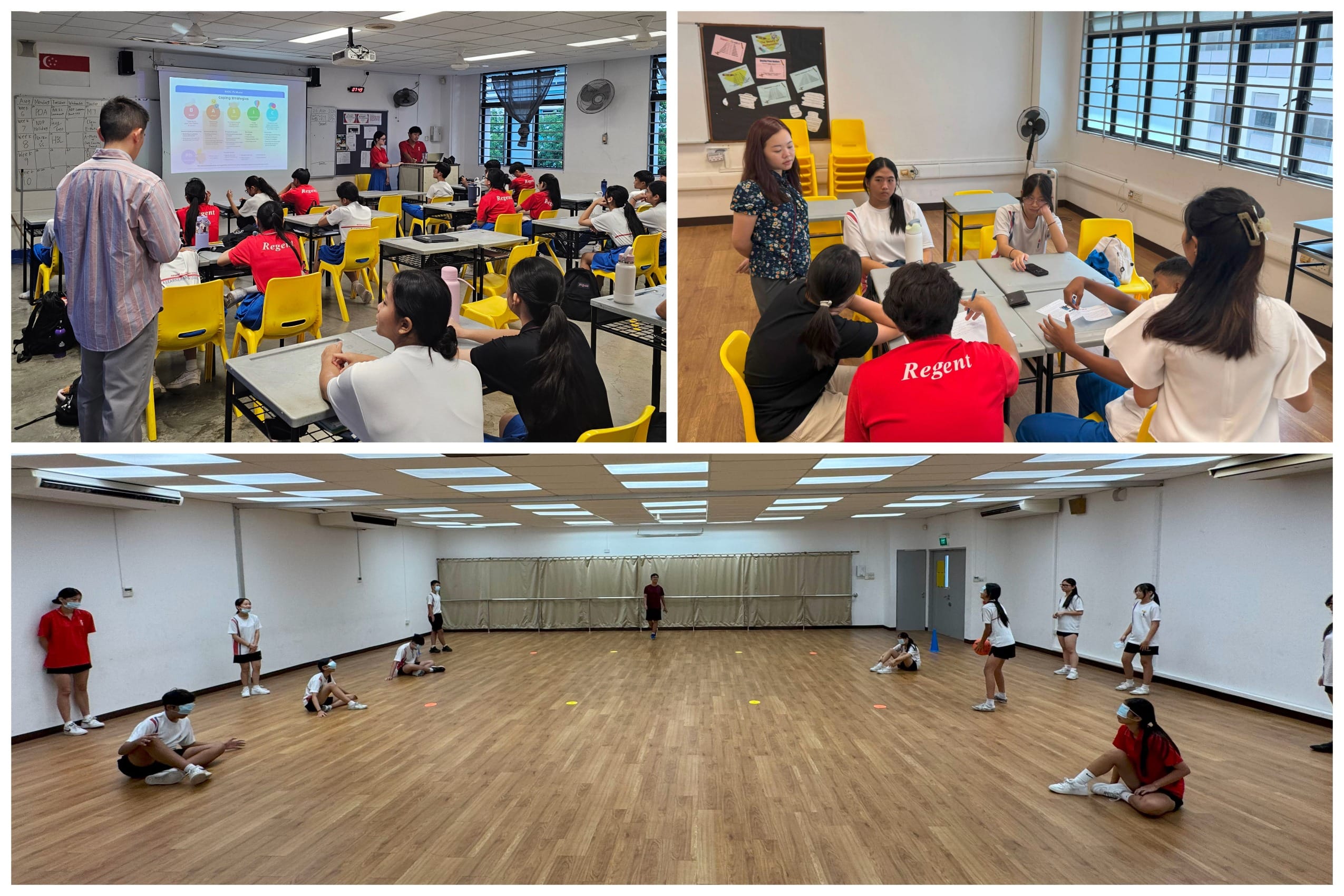 Three school scenes: a classroom lecture, a small group discussion, and students doing a physical activity in a hall.
