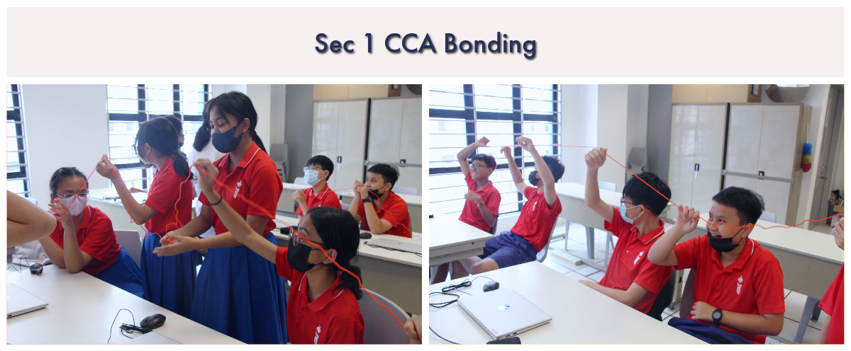 Students in red uniforms and masks play a string-passing bonding activity indoors during Sec 1 CCA Bonding.