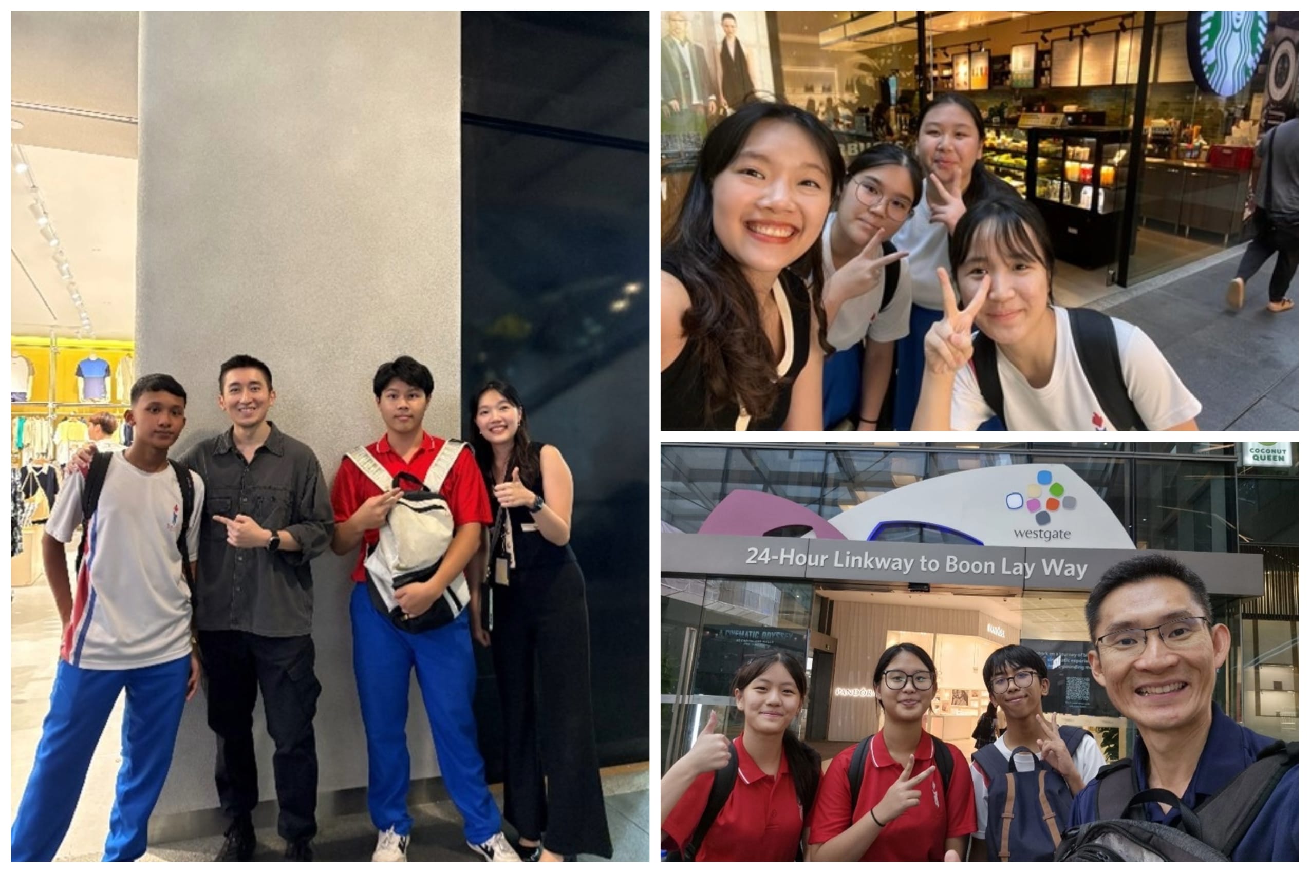 Three group photos of young people posing and smiling near a Starbucks and Westgate mall's Boon Lay Way linkway.
