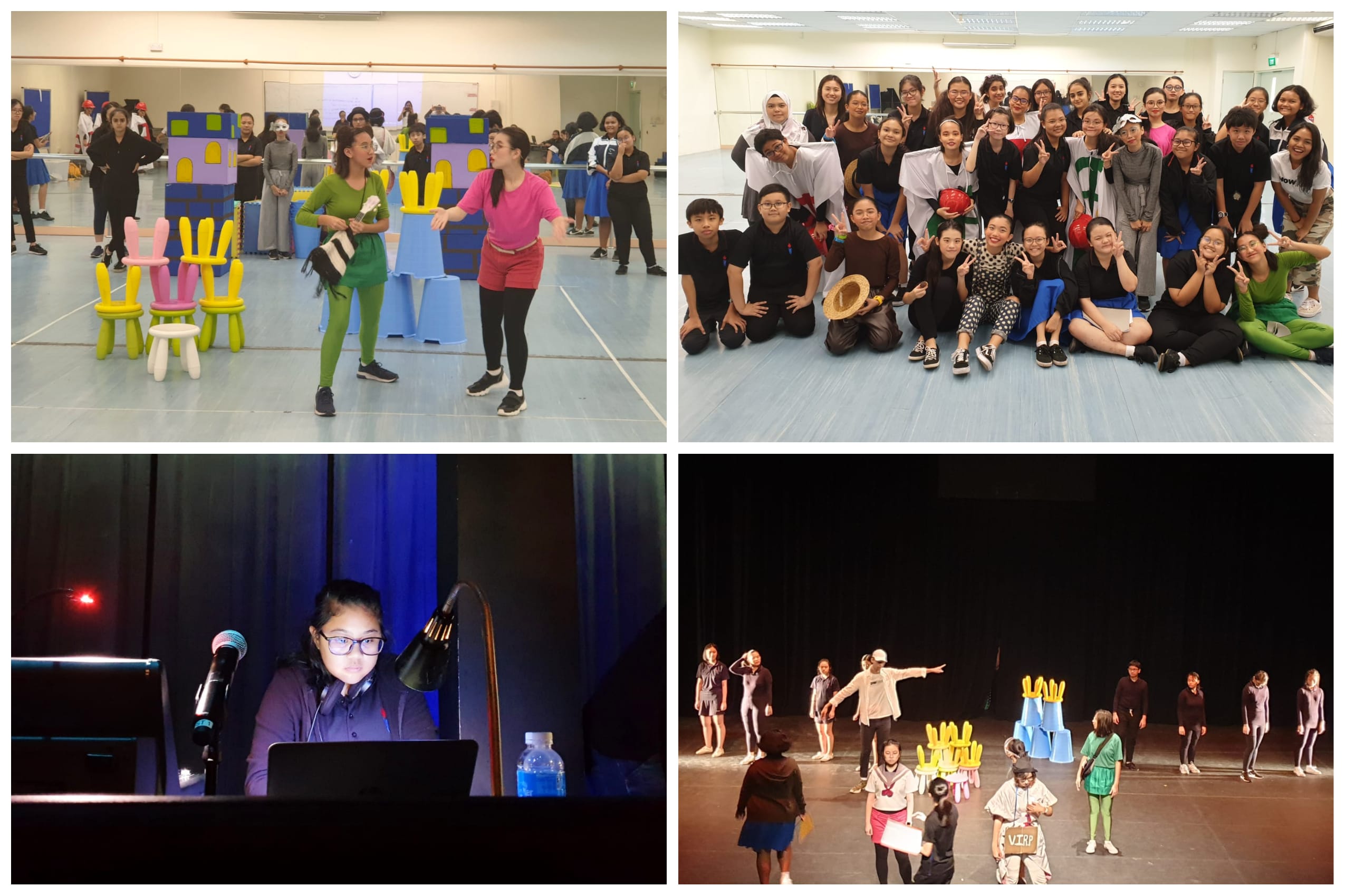 Four photos showing a student theater production: rehearsal, group photo, stage manager at console, and performers on stage.