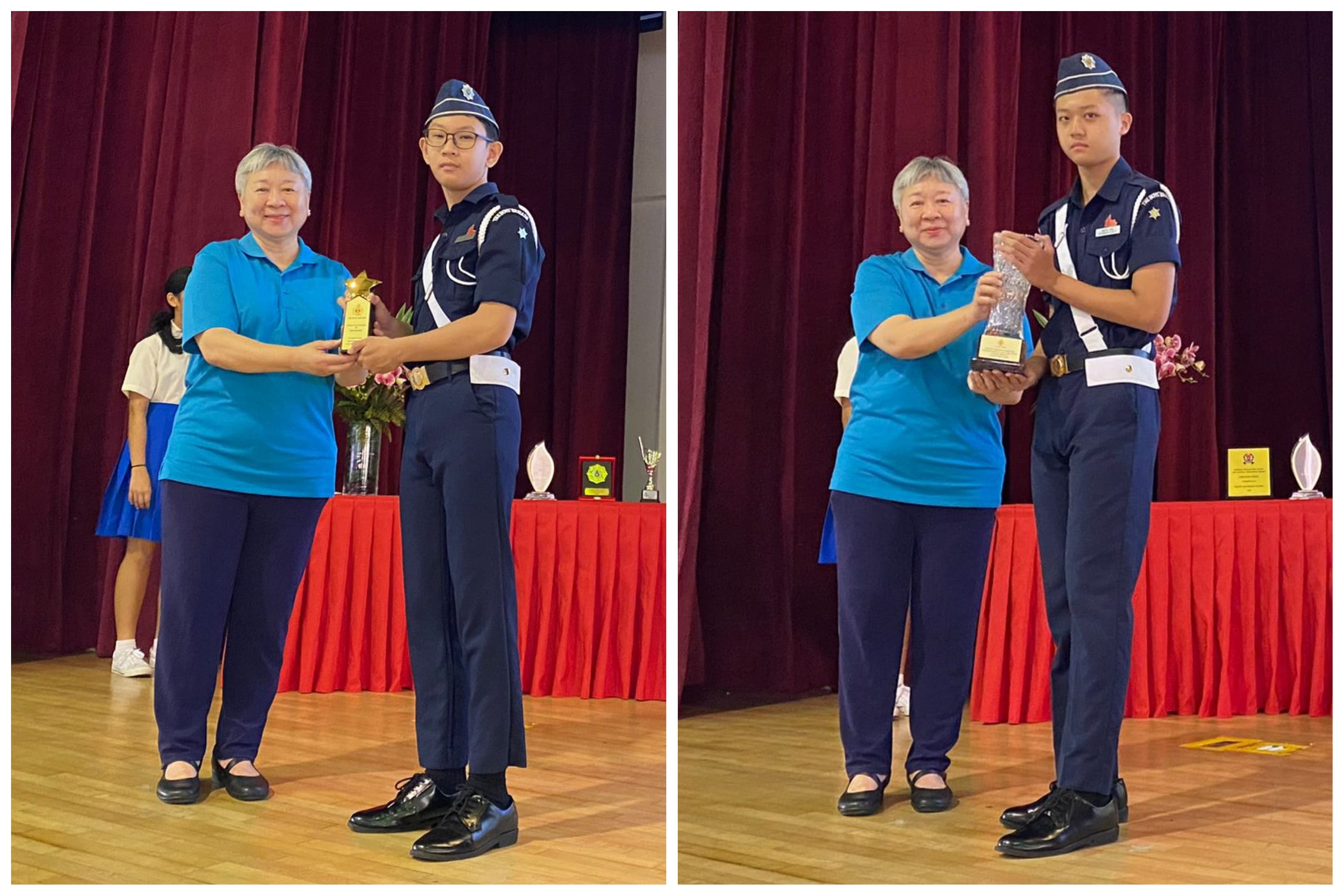 Two photos of a woman in blue presenting trophies to uniformed youth cadets on a stage with red curtains.