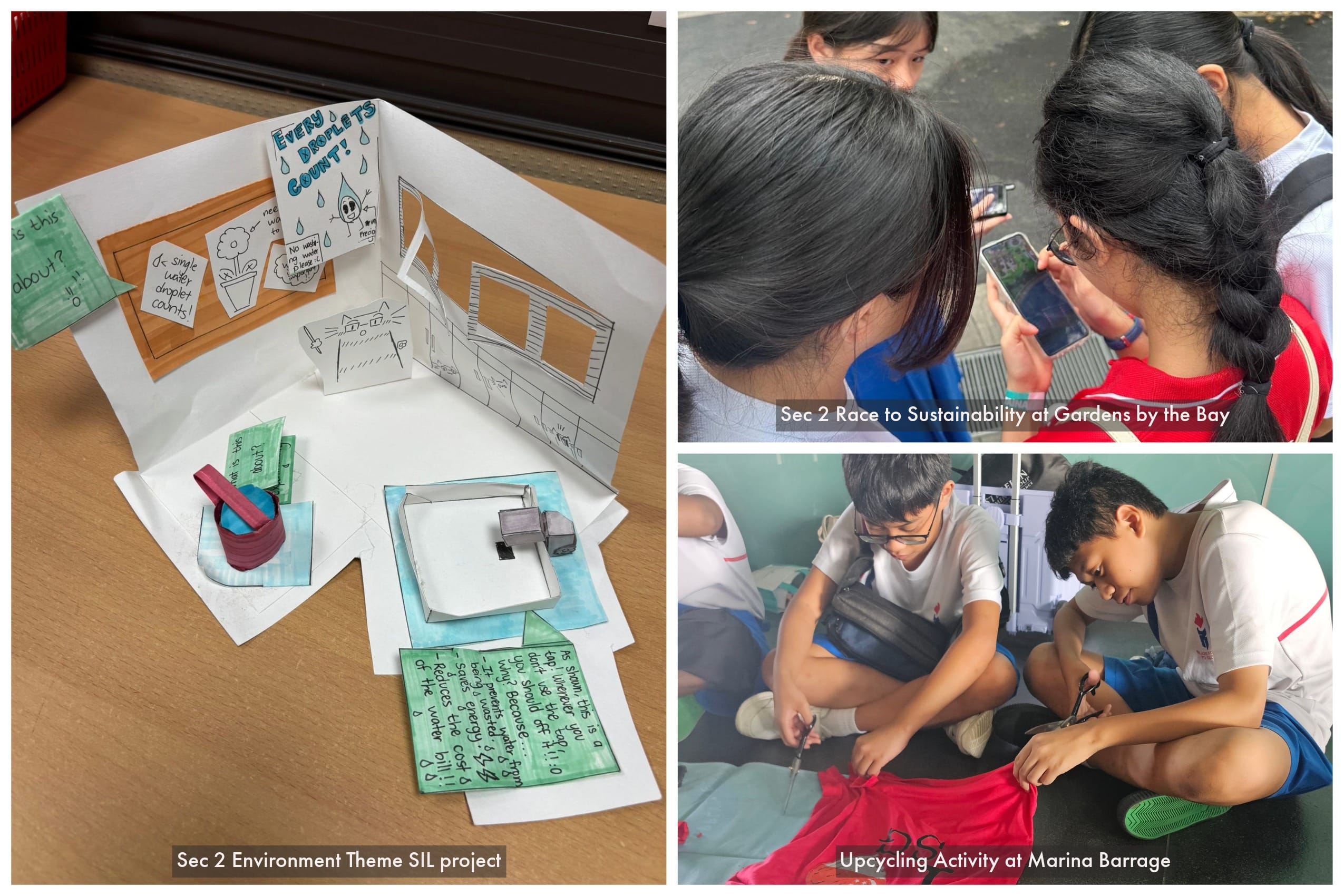 Three school activity photos: a water-saving paper diorama, students using phones outdoors, and boys cutting fabric with scissors.