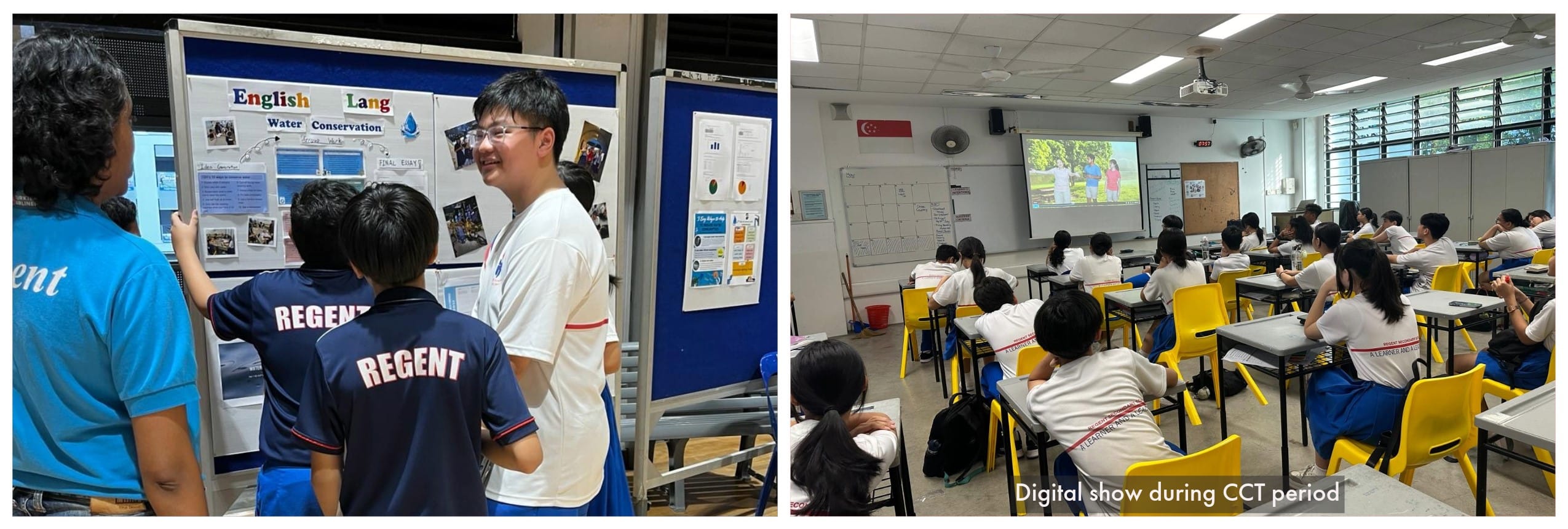 Students view an English water conservation display board; right shows a classroom watching a projected video during CCT.