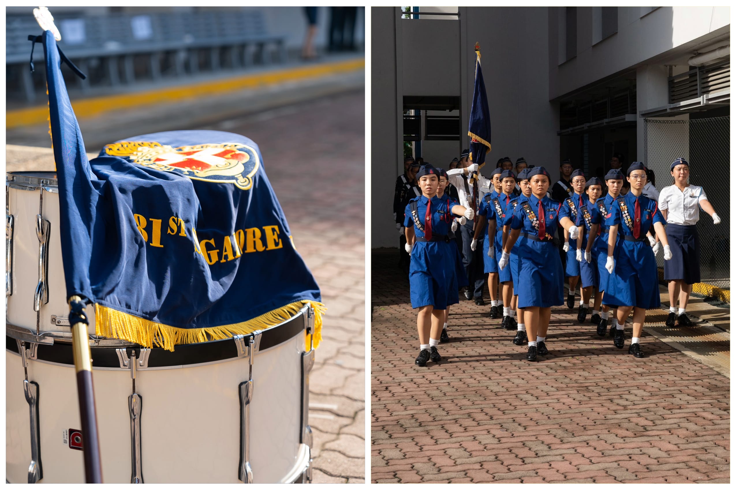 Youth cadets in blue uniforms march in formation carrying a flag, beside a drum draped with a blue Singapore banner.