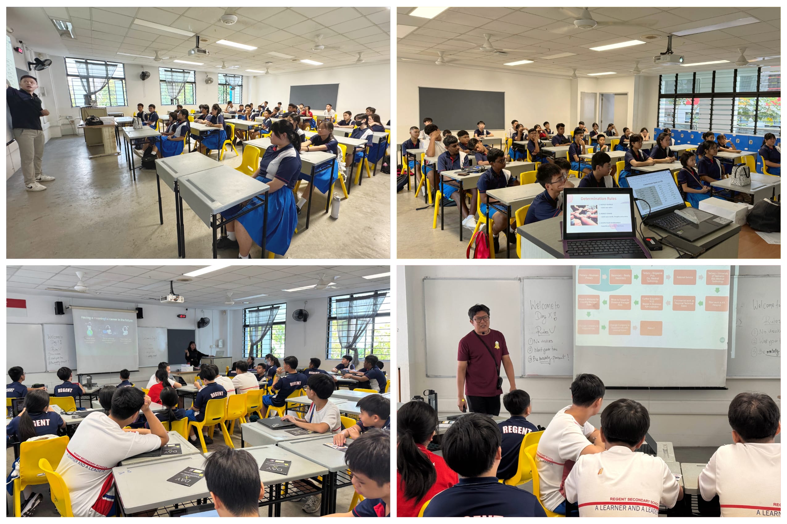 Four photos show a teacher presenting to students seated at desks in a bright classroom with yellow chairs.