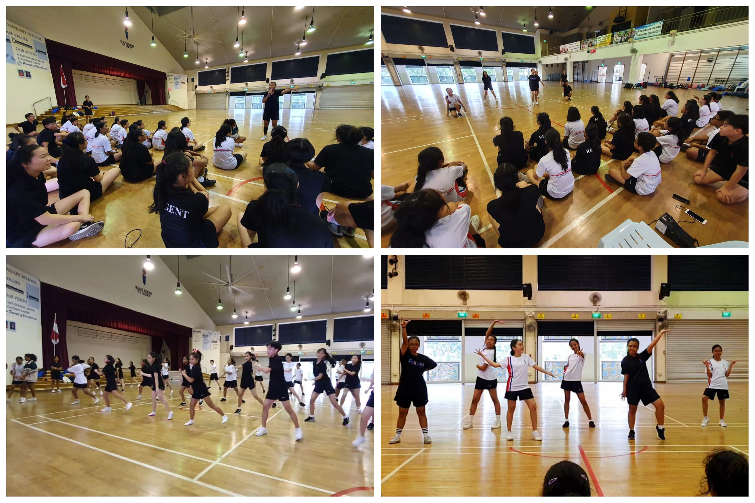 Four photos of school students in a gym hall sitting, listening, and performing group dance routines.