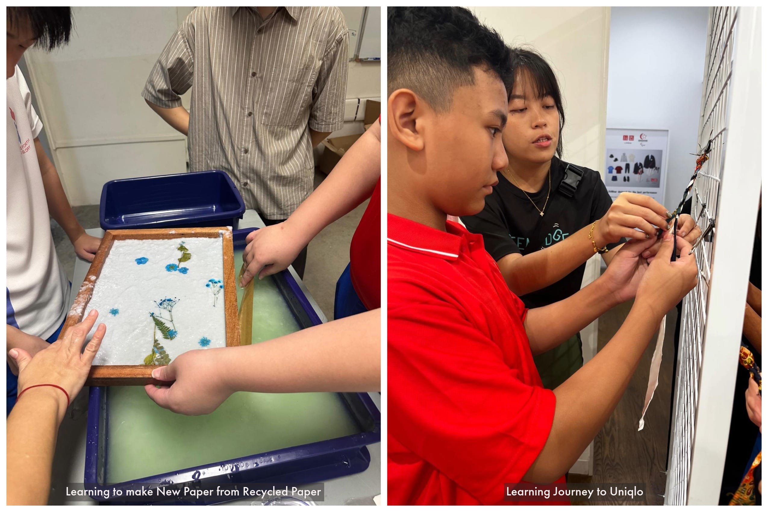 Two scenes: kids making recycled paper with pressed flowers, and two teens attaching fabric to a wire grid at Uniqlo.