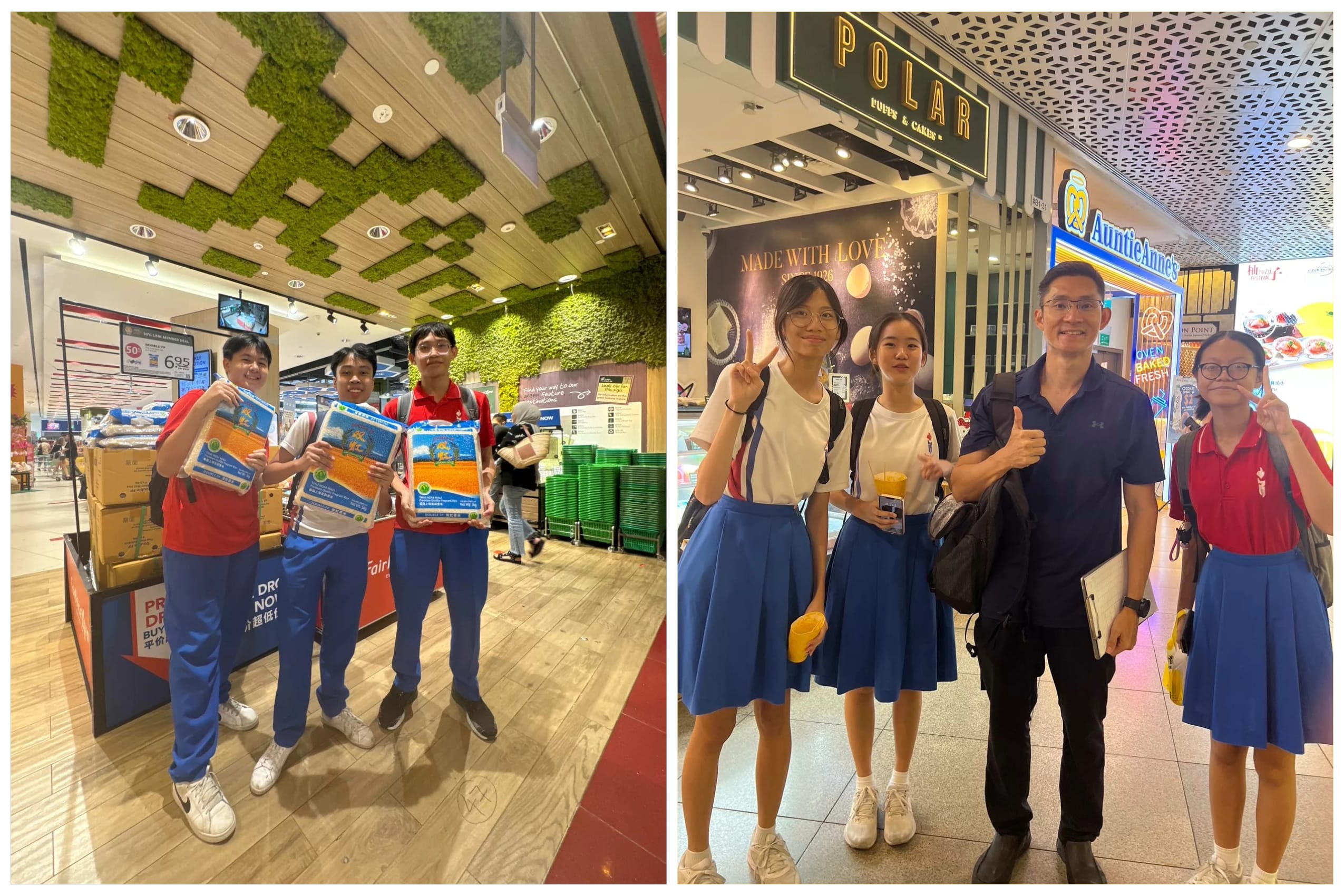 Two photos: three students holding rice bags in a supermarket, and four people posing near Polar Puffs and Auntie Anne's shops.