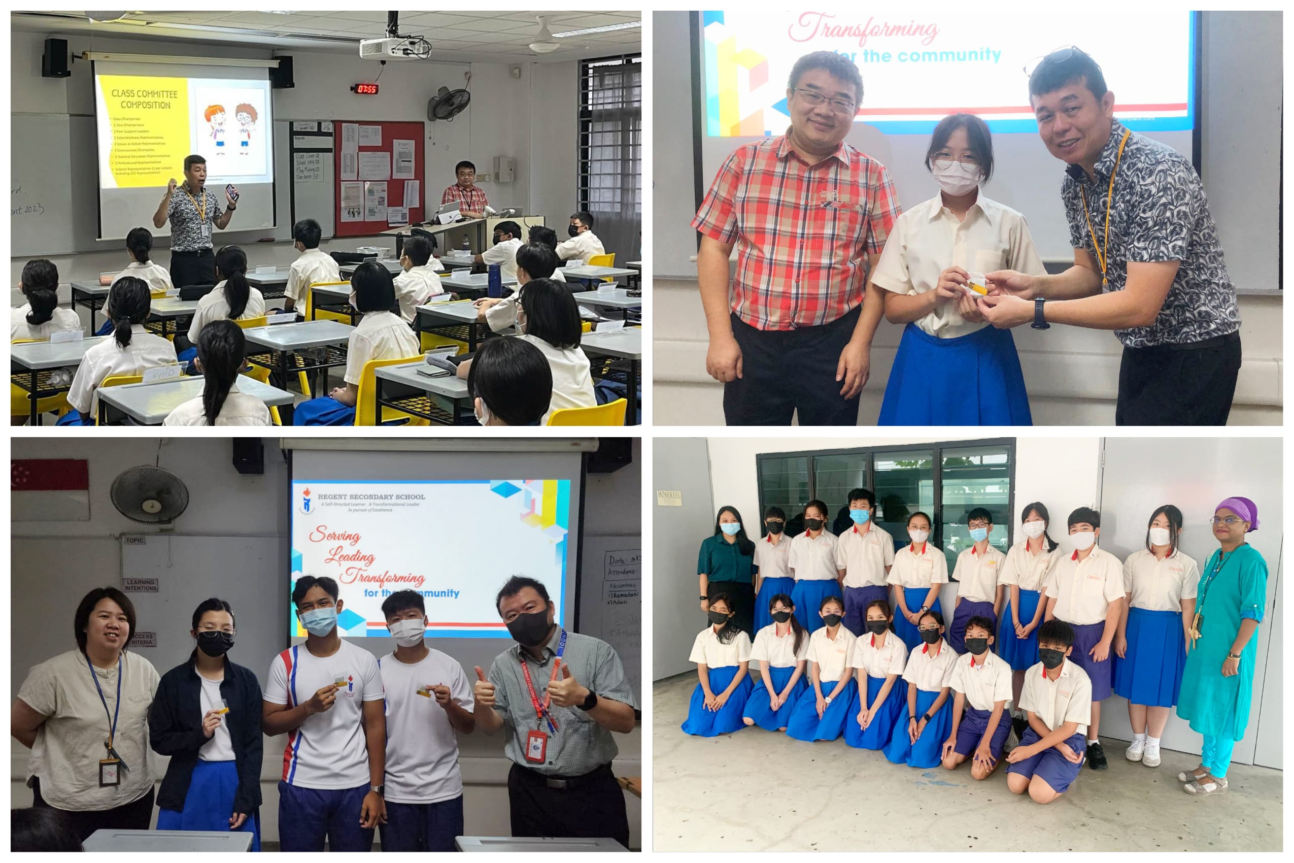 Four school scenes showing classroom lessons, award presentations, and a group photo of masked students in uniform.
