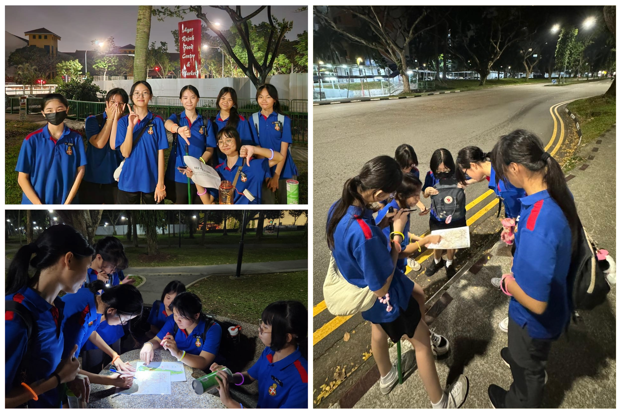 Collage of students in blue uniforms at night, posing and studying maps and notes by a roadside.