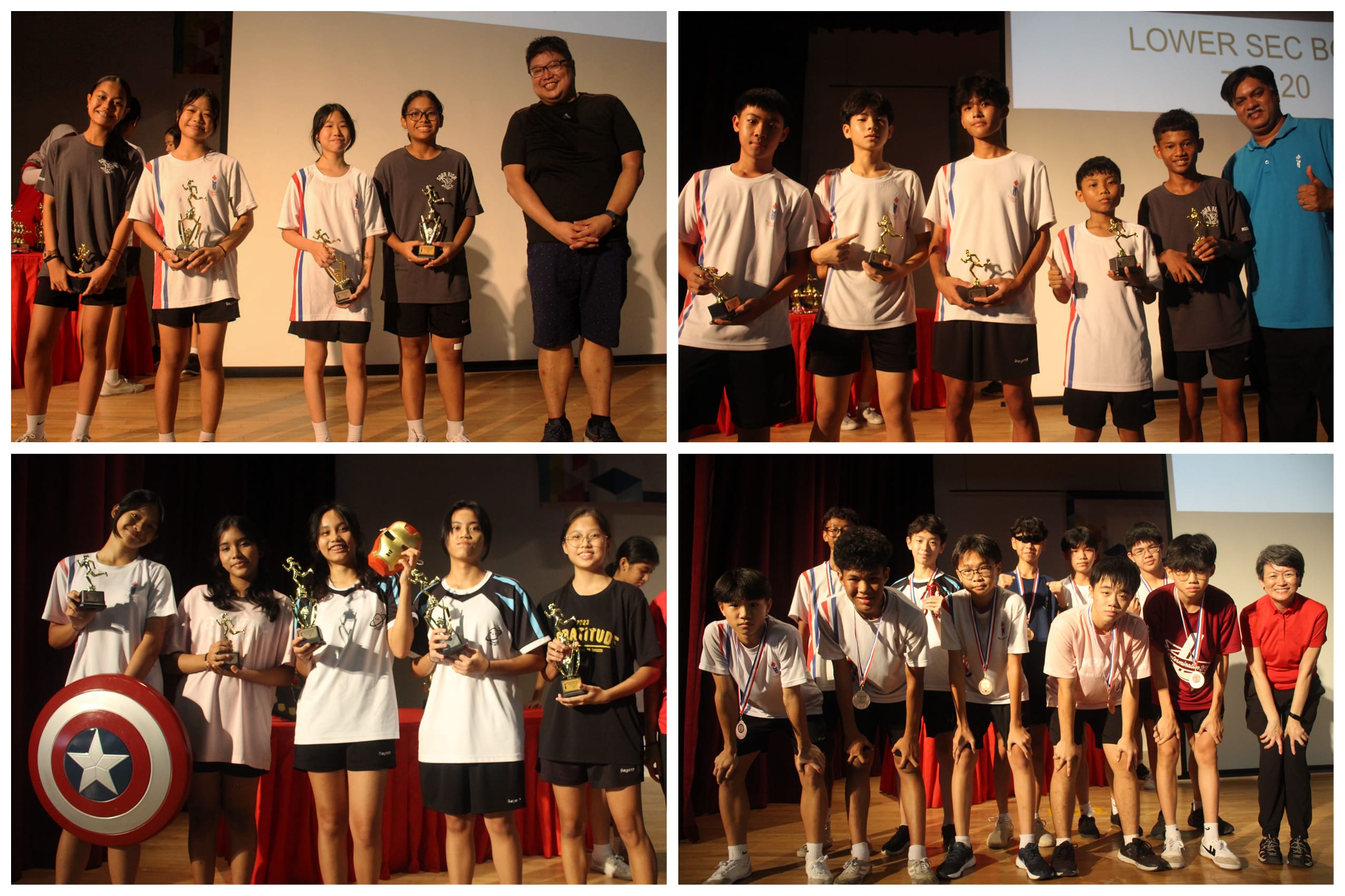 Four group photos of students holding trophies and medals on a stage, with teachers, at a school awards ceremony.