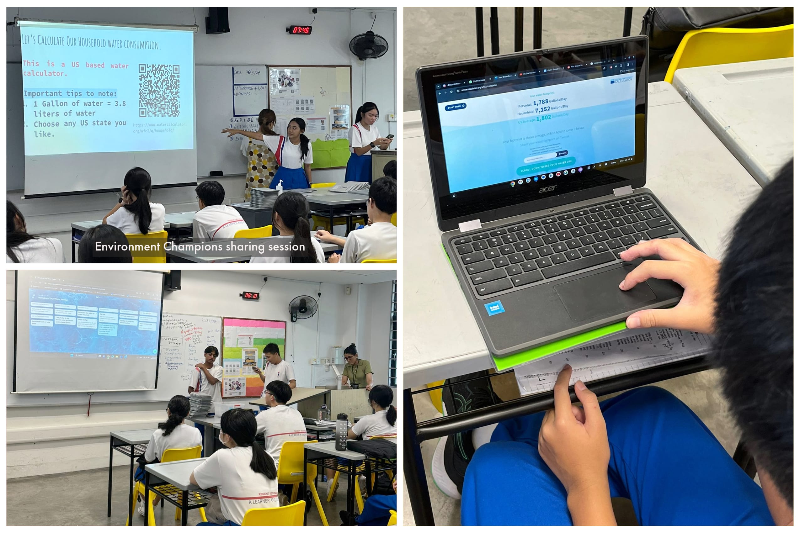 Students in a classroom attend an Environment Champions session on household water consumption, with a laptop showing a water calculator.