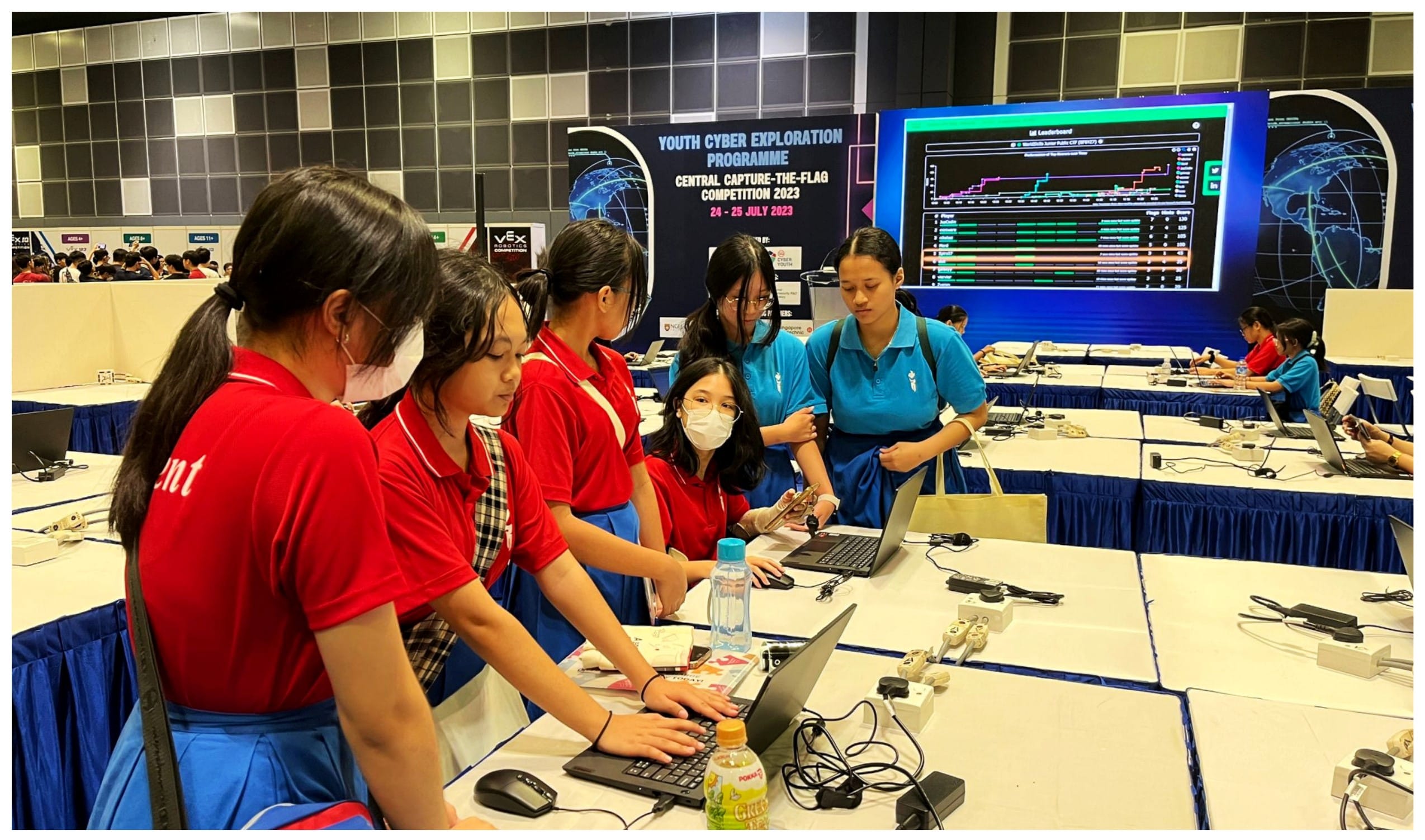 Students in red and blue uniforms work on laptops at the Youth Cyber Exploration Programme Capture-the-Flag Competition 2023.