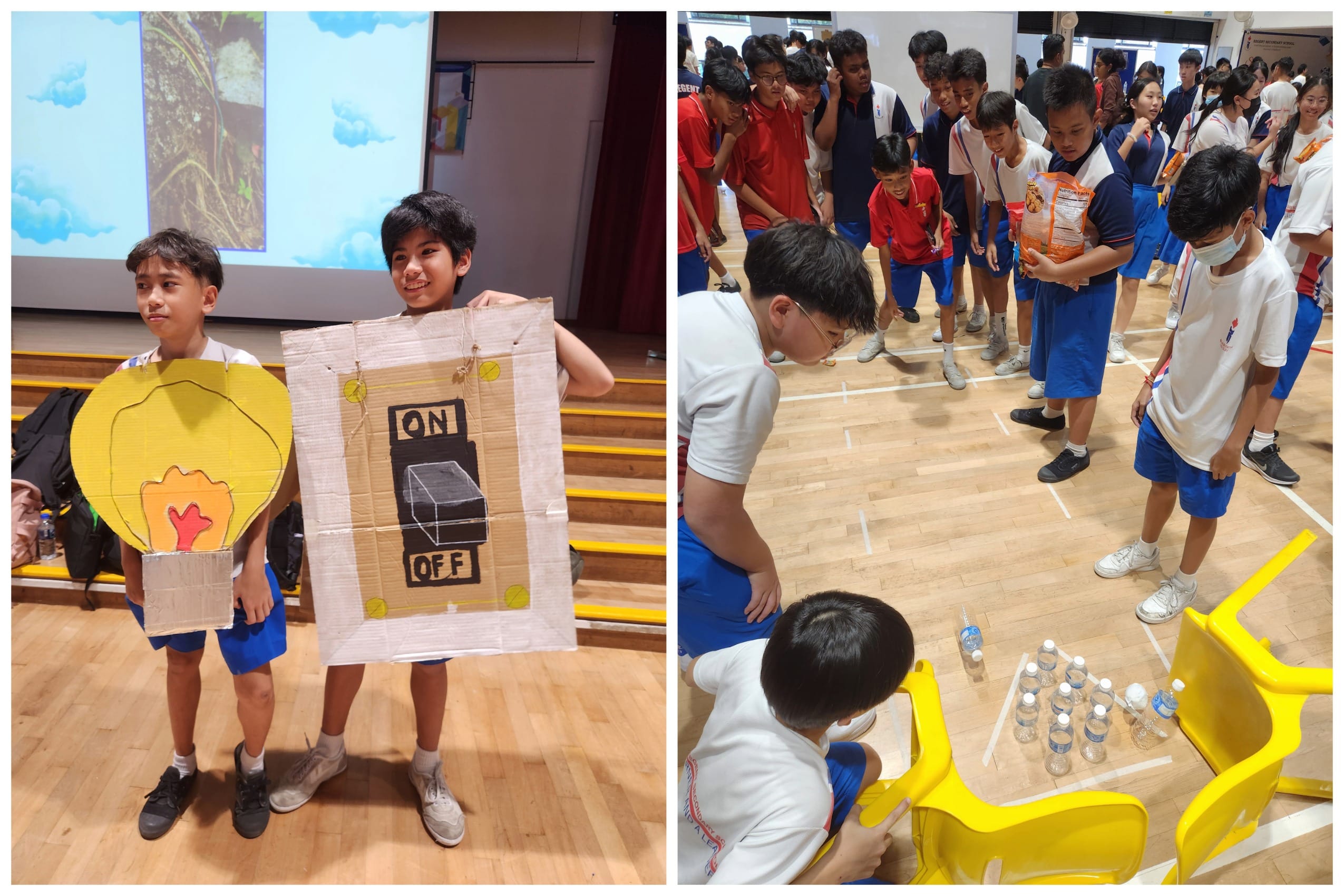 Two boys hold cardboard costumes of a lightbulb and a switch; right side shows students gathered around small water bottles on a table.