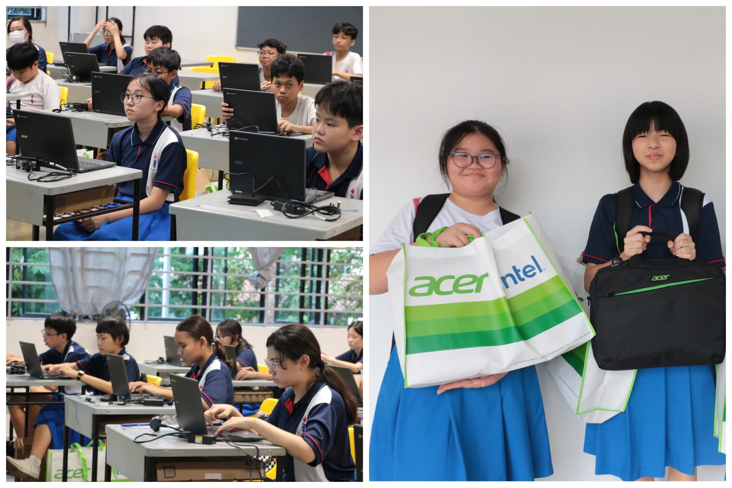 Students in uniform use laptops in a classroom; two girls pose holding Acer and Intel branded bags.