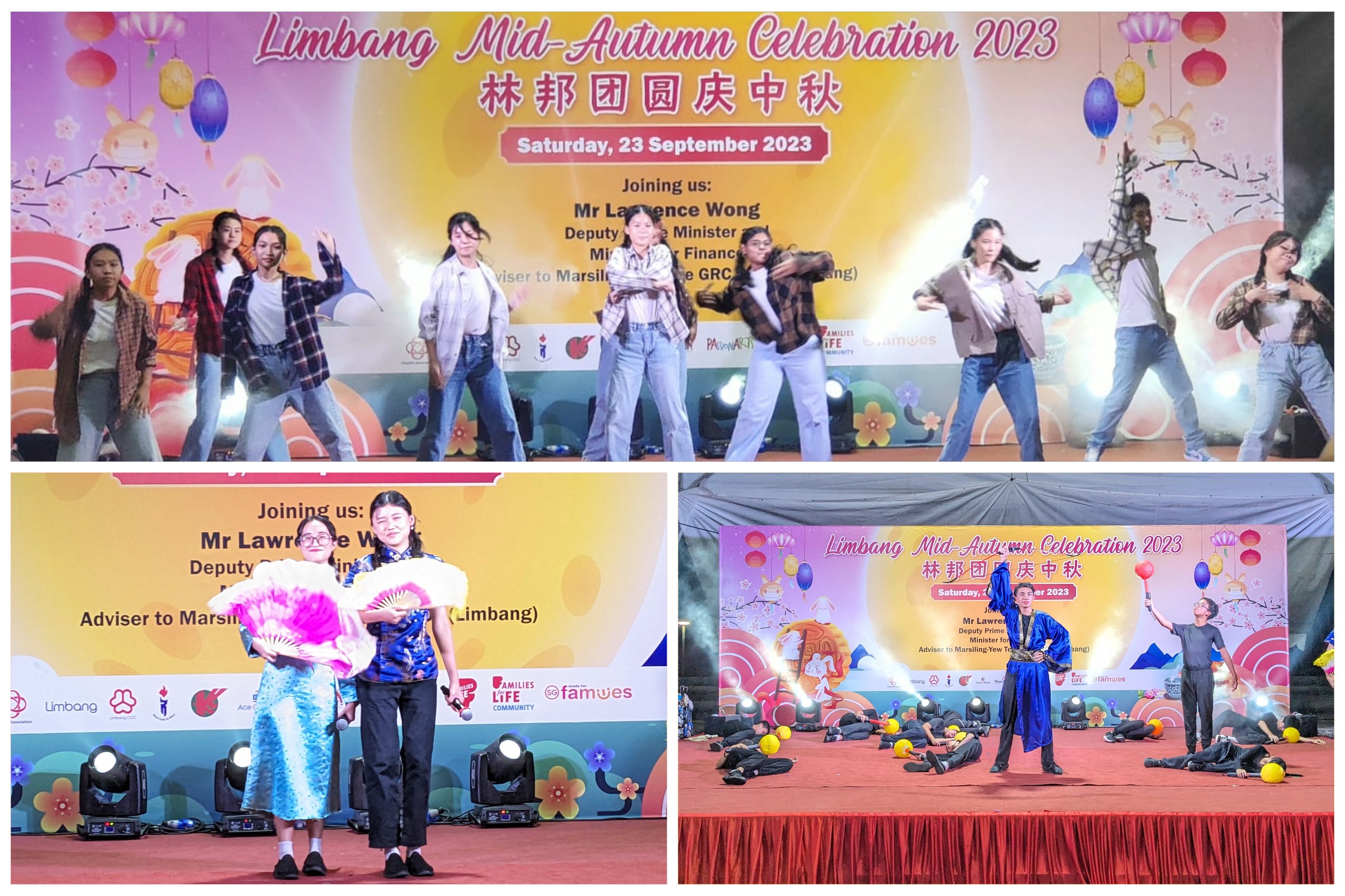 Collage of Mid-Autumn Celebration 2023 stage: dancers, two people with fans, and a performer among props.