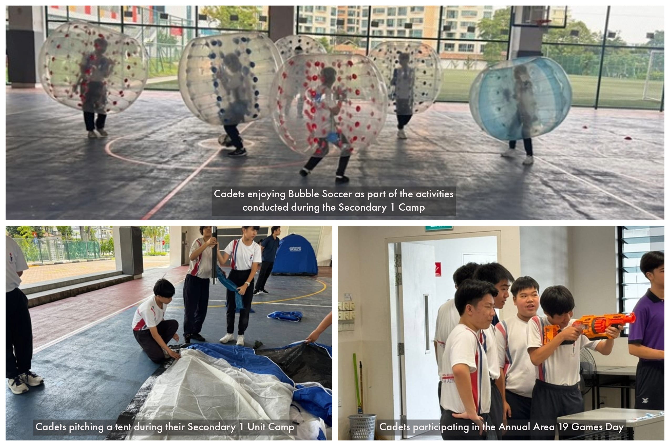 Three scenes of cadets playing bubble soccer, pitching a tent, and using a toy blaster during camp activities.