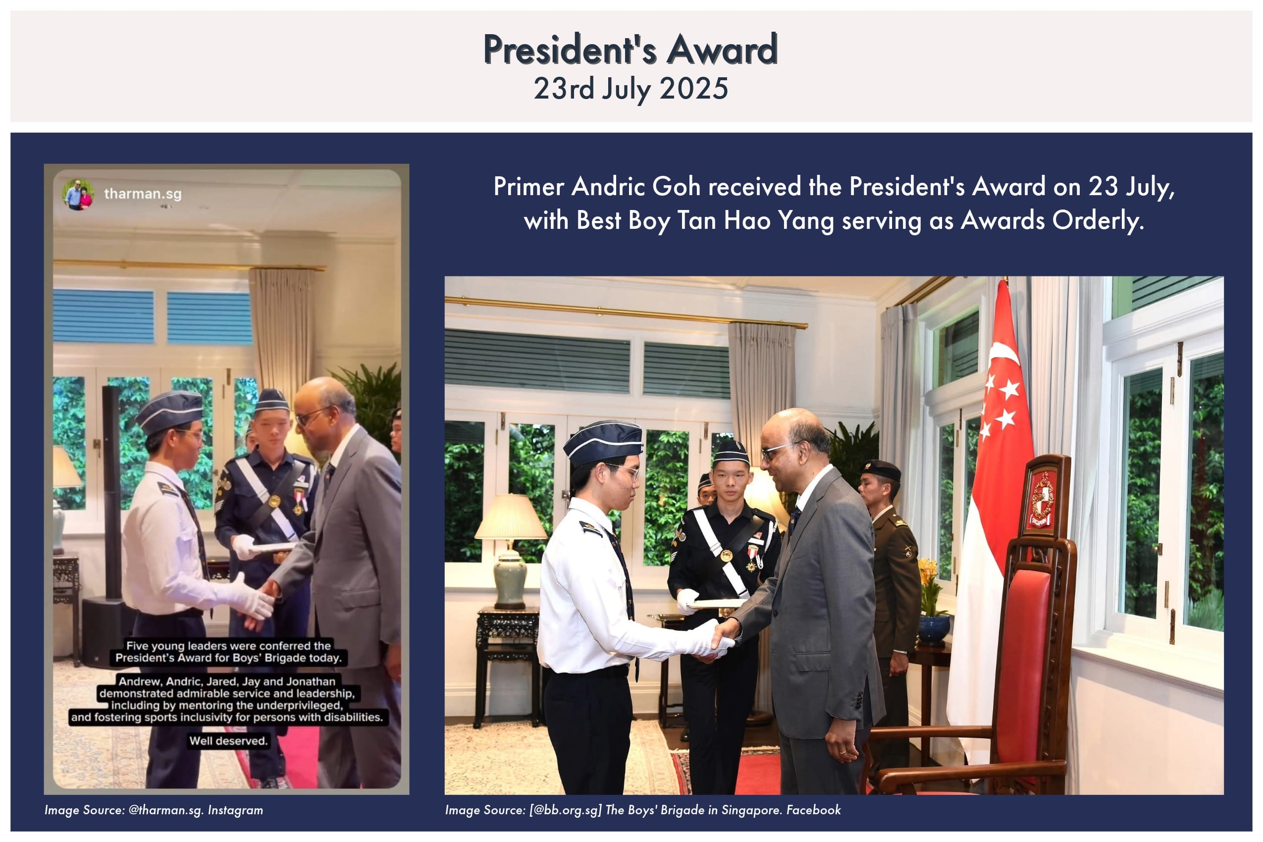 Two young uniformed Boys Brigade members shake hands with a man in a suit at the President's Award ceremony on 23 July 2025.