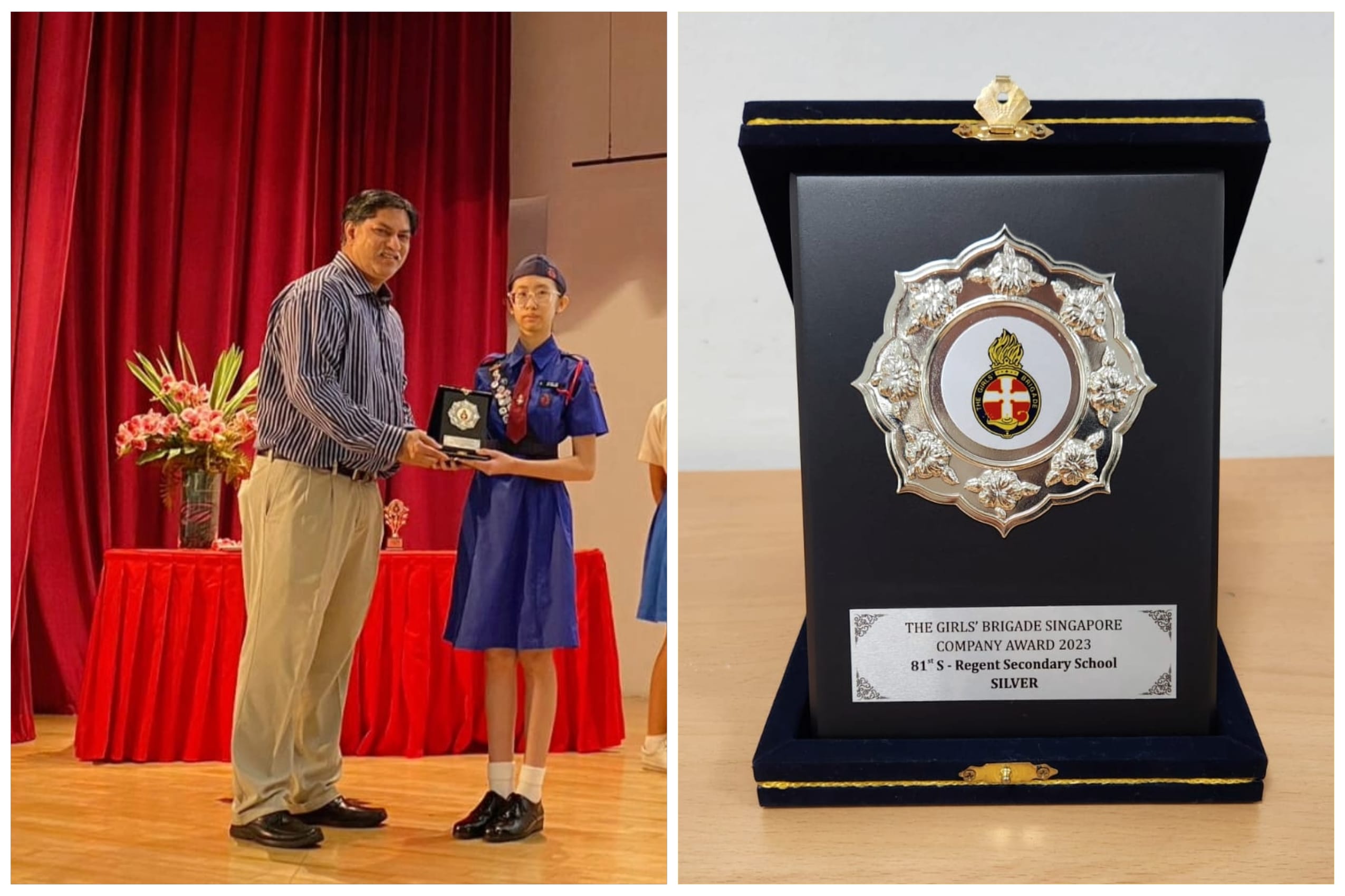A man presents an award to a girl in uniform; beside it, a silver Girls' Brigade Singapore Company Award 2023 plaque.