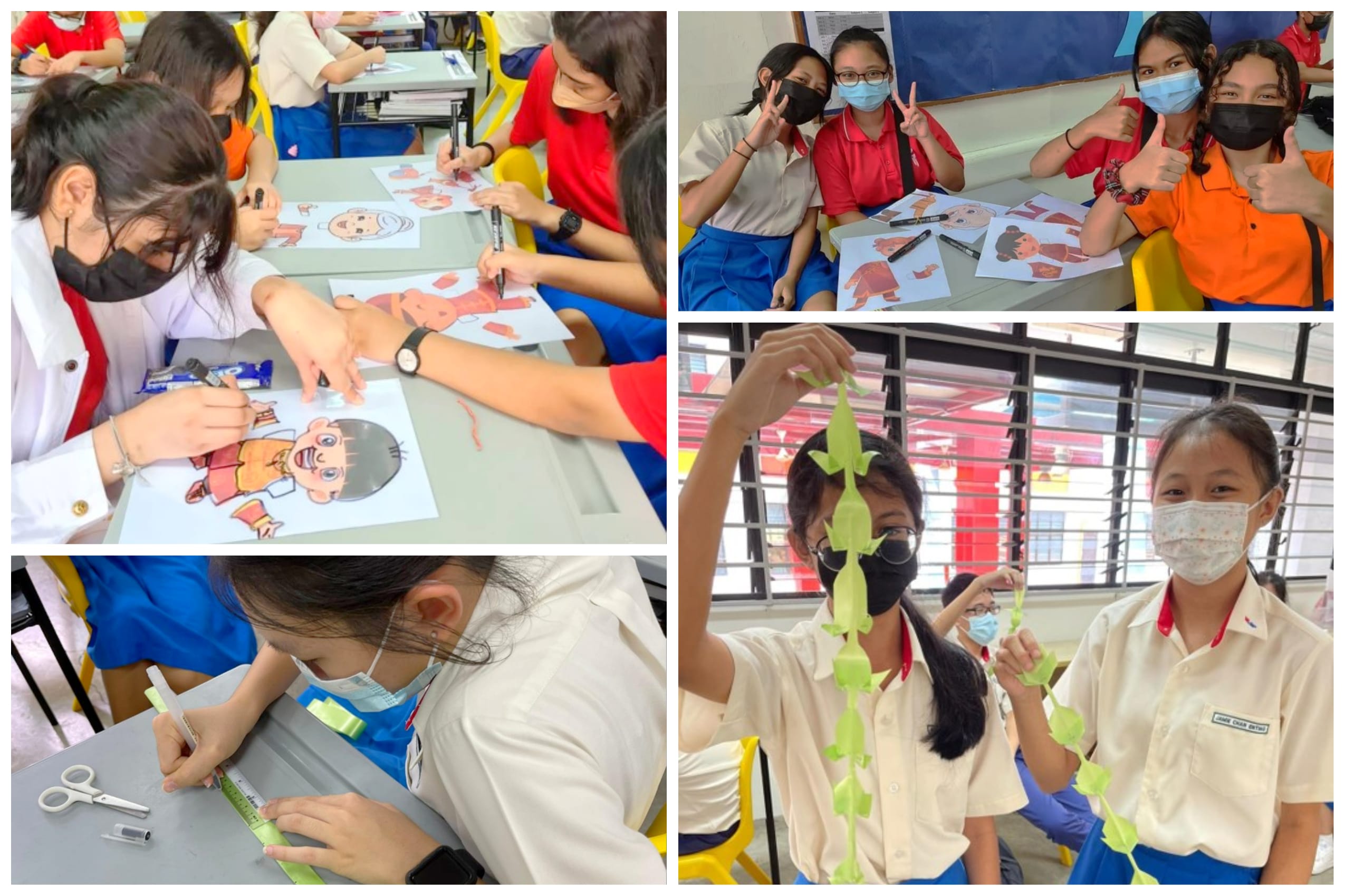 Students in masks do art activities: coloring cartoon figures, measuring green paper, and displaying green paper chain figures.