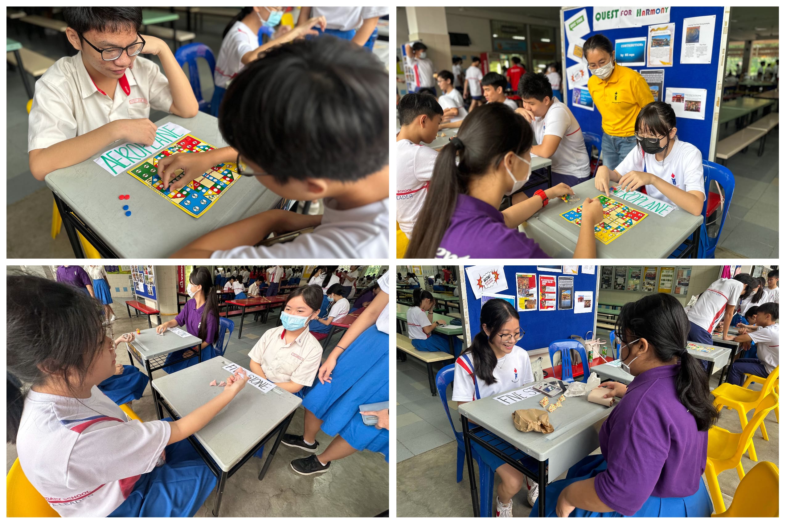 Collage of students at tables playing board games and card activities in a school hall.