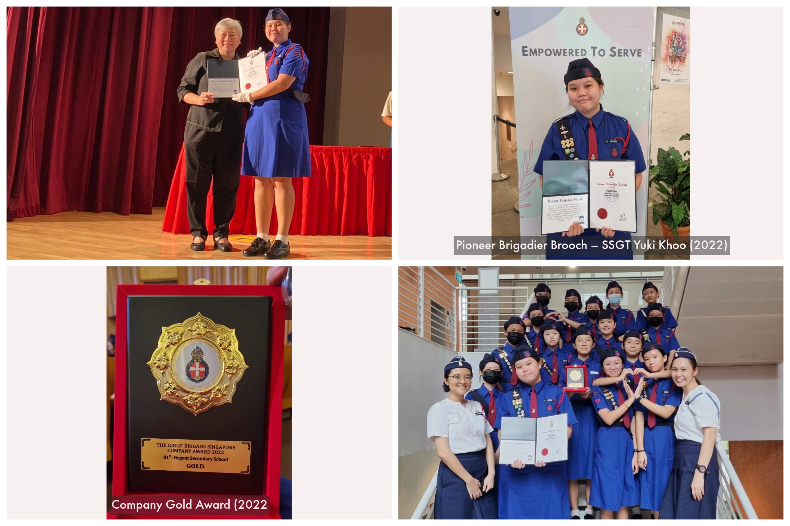 Four photos showing Girls Brigade members receiving awards, including a Gold plaque and Pioneer Brigadier Brooch in 2022.
