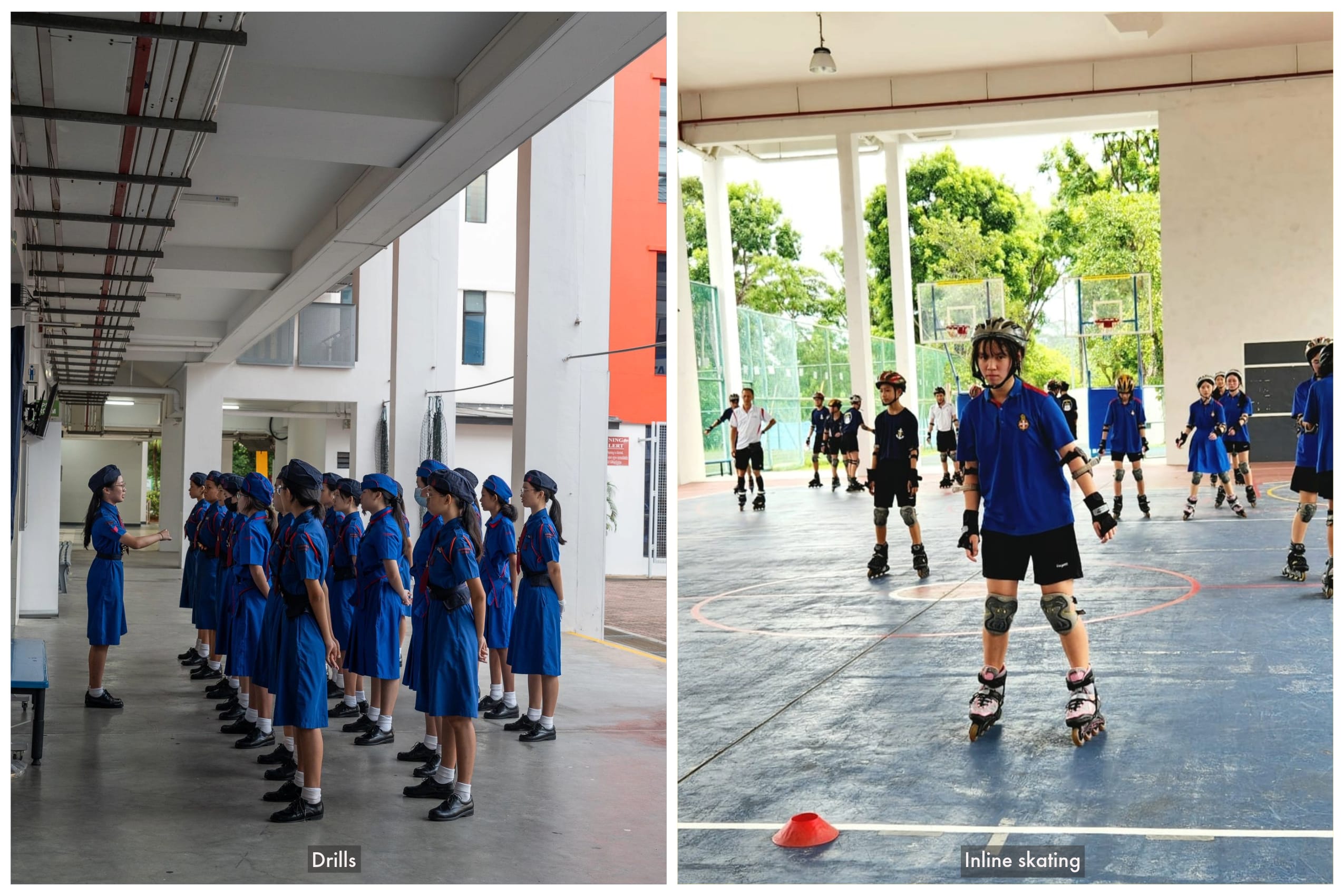 Students in blue uniforms doing drills indoors on the left, and students inline skating on an outdoor court on the right.