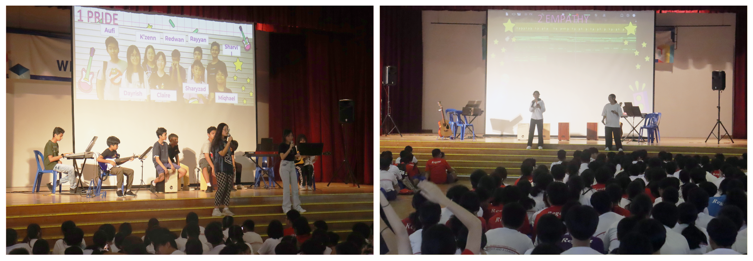 Students perform on stage with instruments and microphones before a seated audience, with Pride and Empathy slides projected behind them.