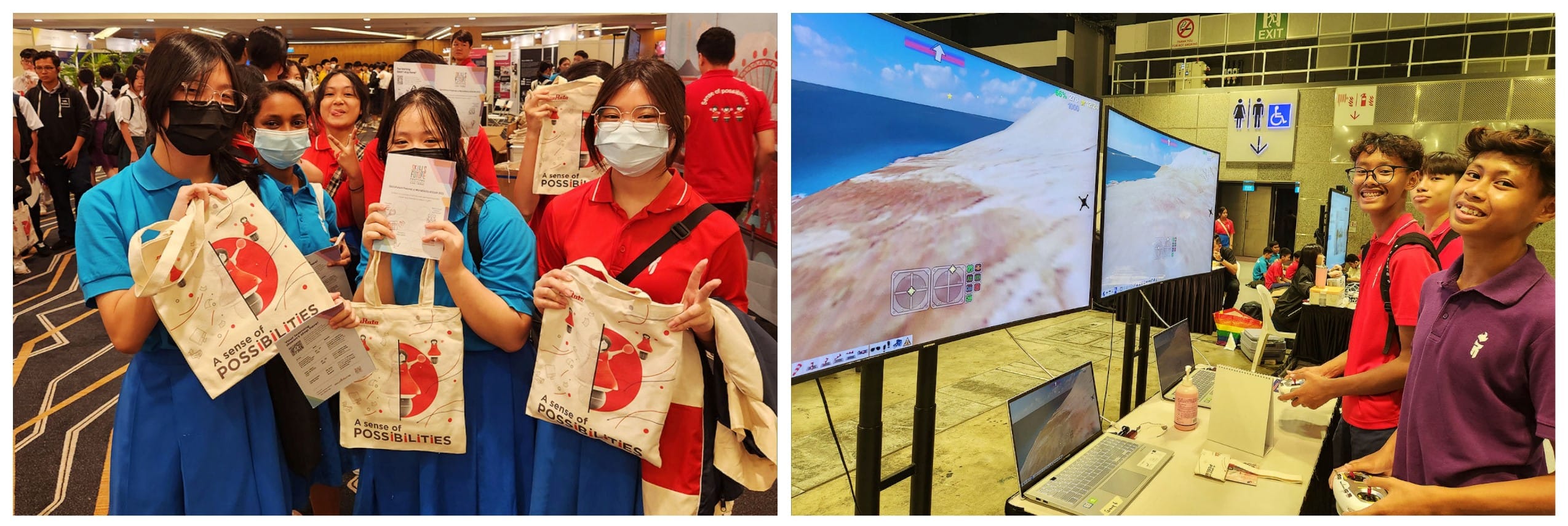 Students holding tote bags at an event; nearby, two boys use a controller at a large flight simulator screen display.