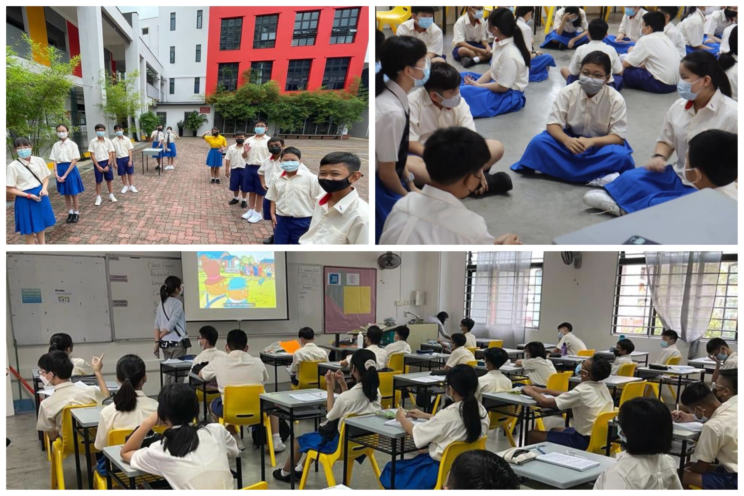 Three school scenes: students in uniforms and masks outdoors, sitting on a floor, and in a classroom watching a projected presentation.