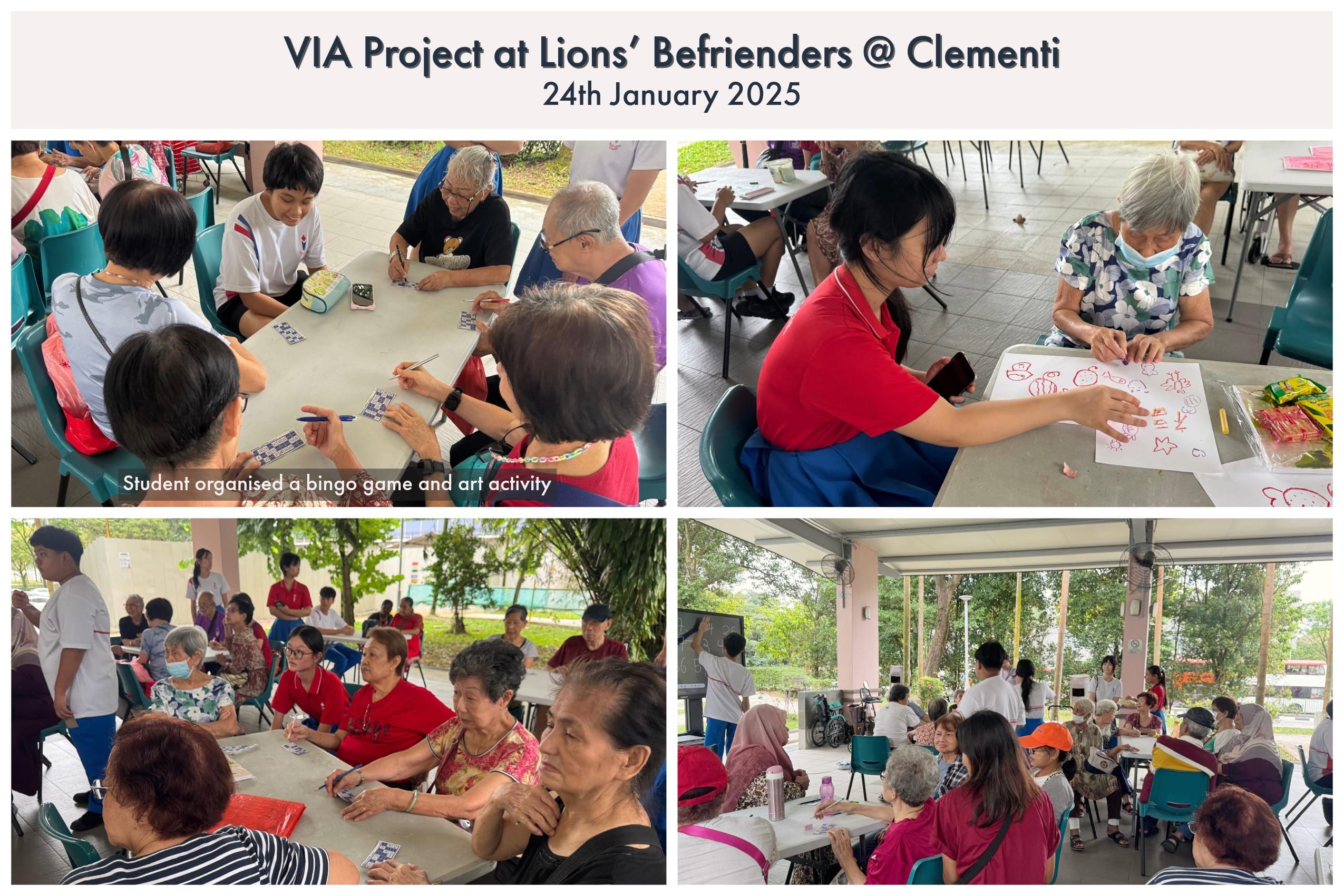 Four photos from a January 2025 VIA event at Clementi showing seniors and students playing bingo and doing art activities outdoors.
