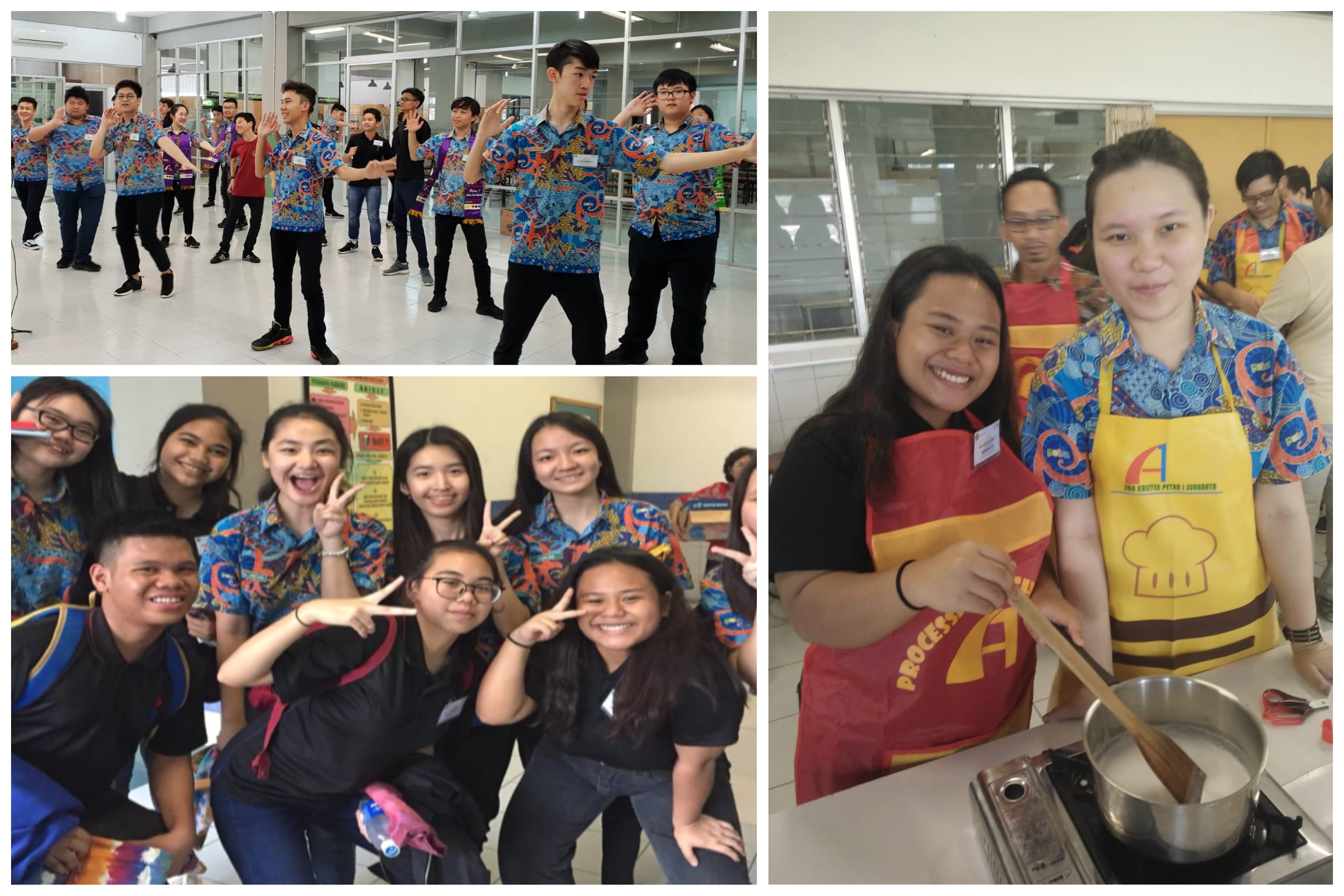 Three scenes: students in batik shirts dancing, posing together, and two women in aprons cooking with a pot on a stove.