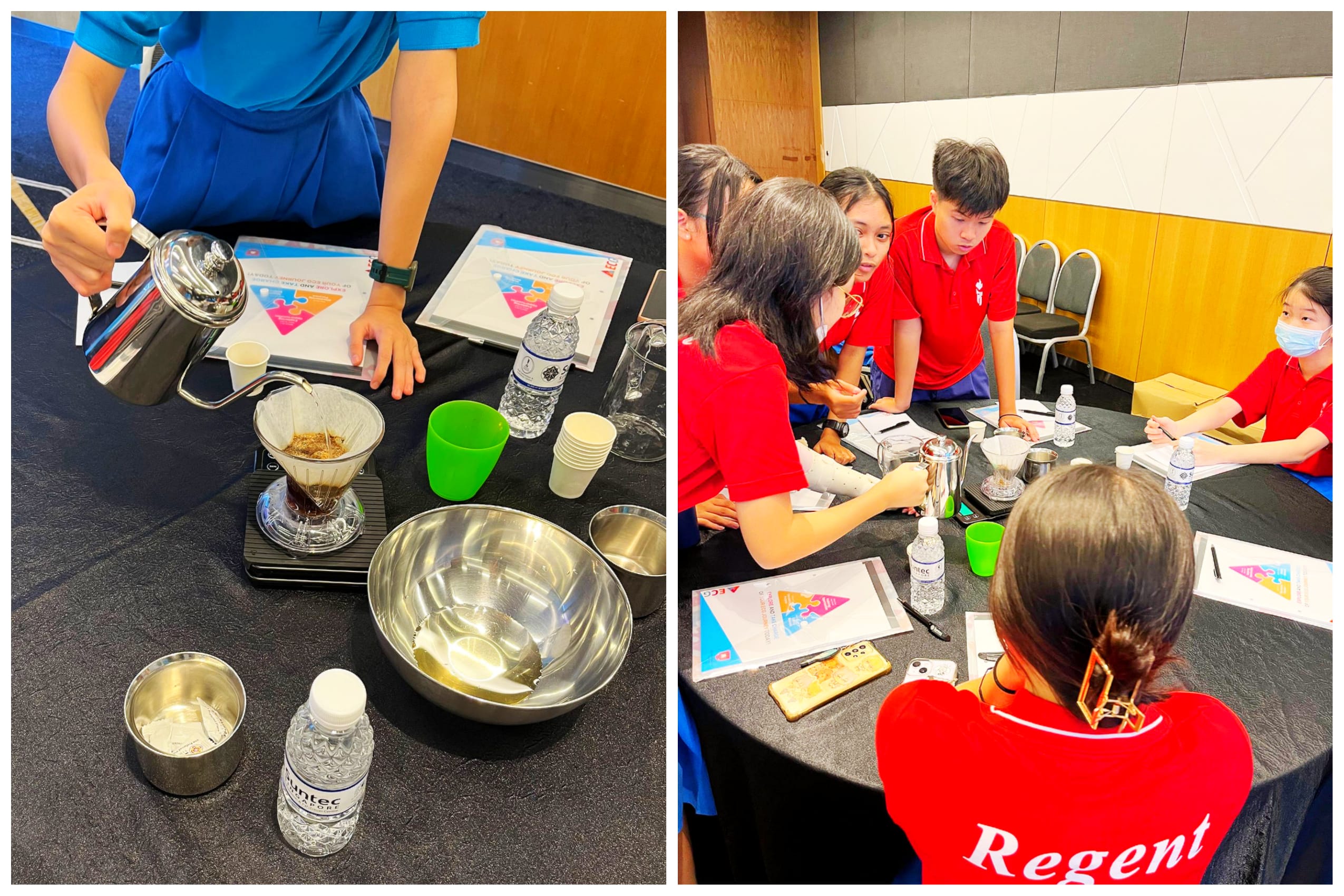 Two photos: hand pouring hot water into a coffee dripper; students in red shirts gathered around the table.