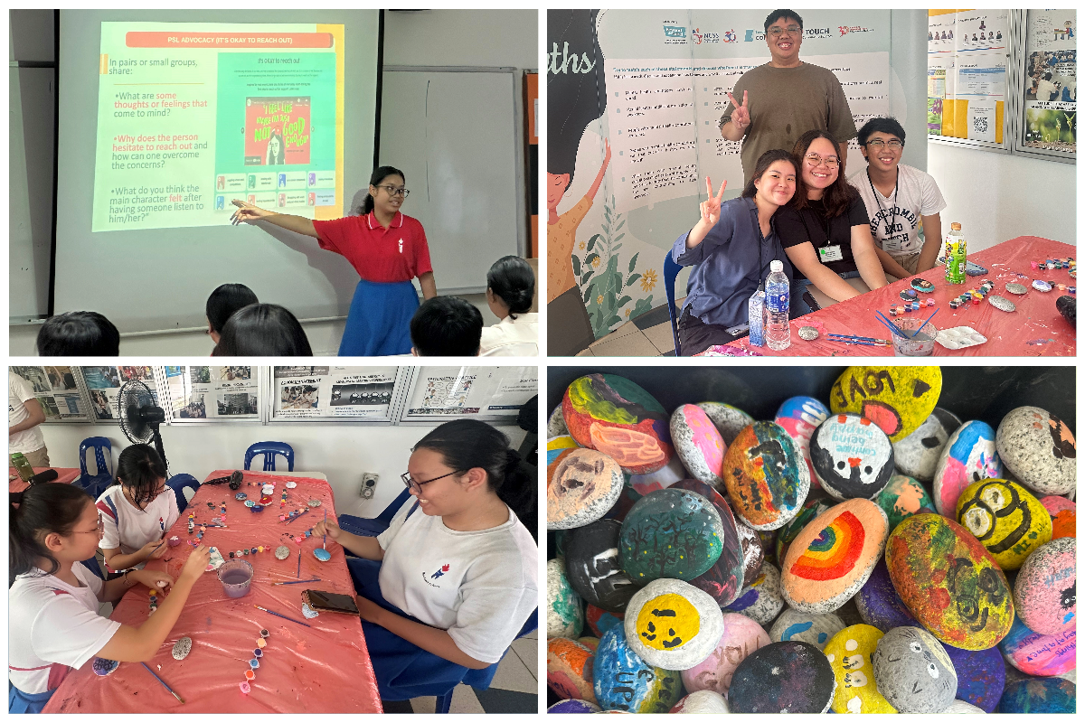 Four photos showing a classroom presentation, students posing at a table, kids painting rocks, and colorful painted rocks.