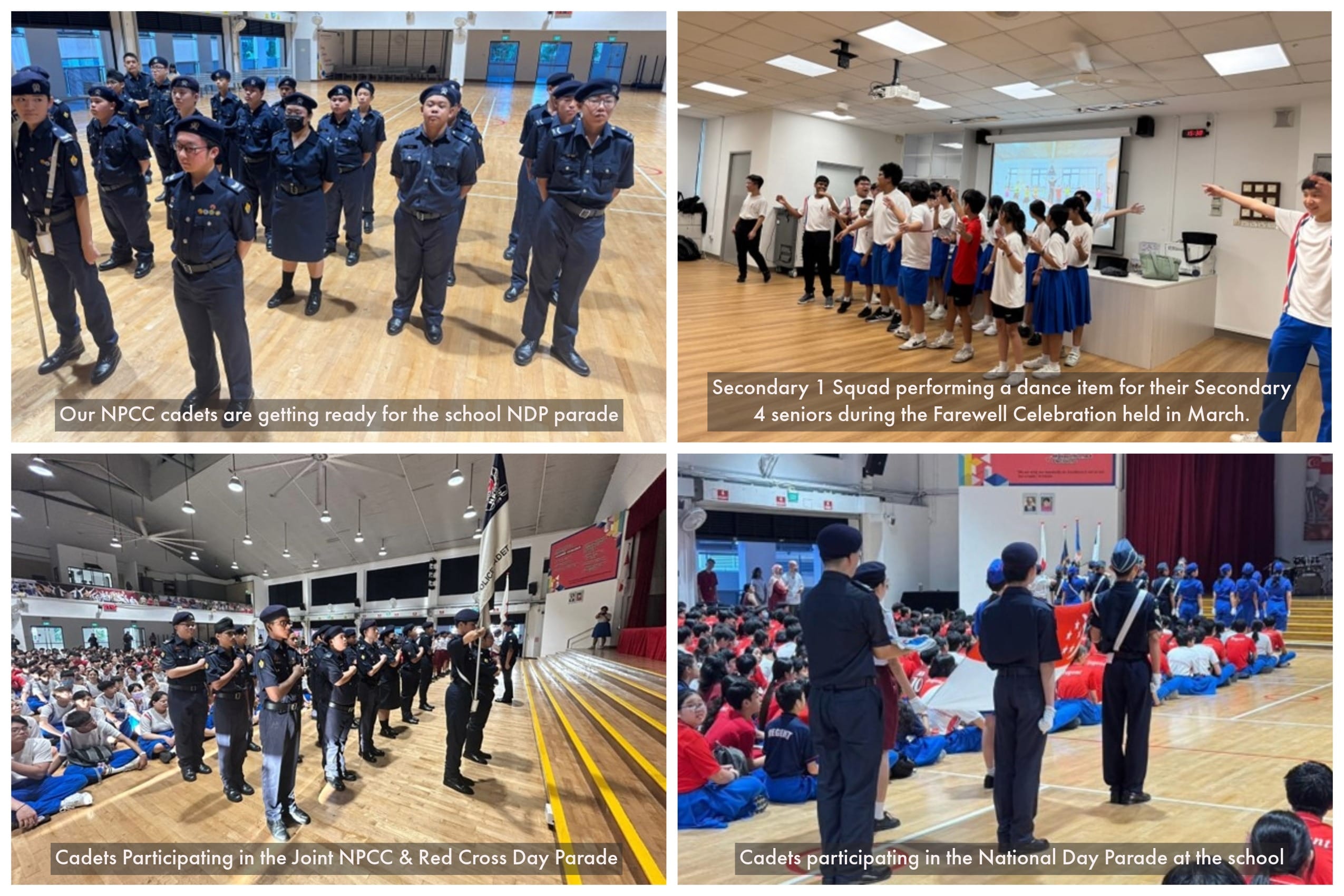 Four school event photos: NPCC cadets in uniform at parades, and students performing a farewell dance.