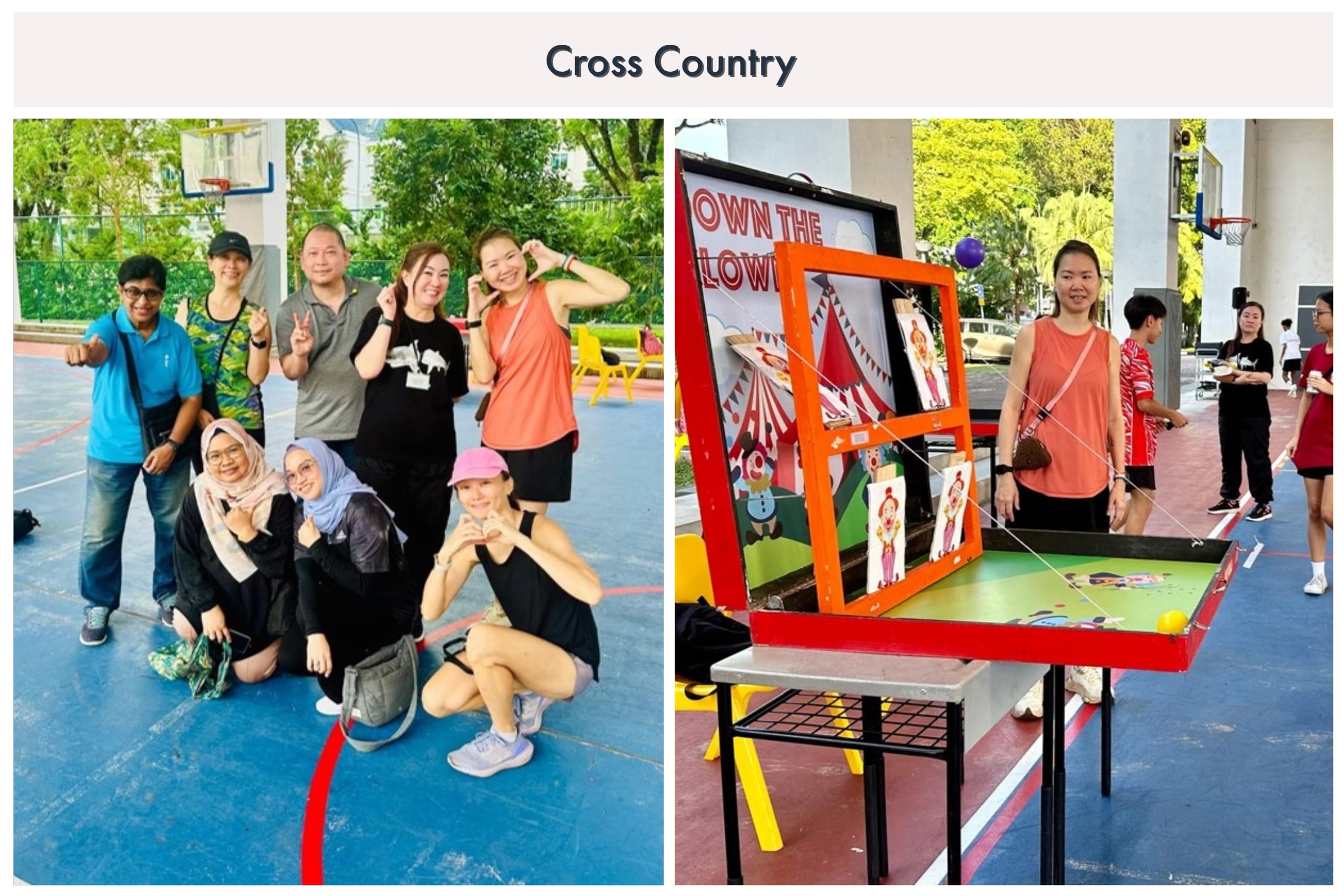 Two photos from a Cross Country event: a group posing on a court, and a woman at a carnival clown game stall.