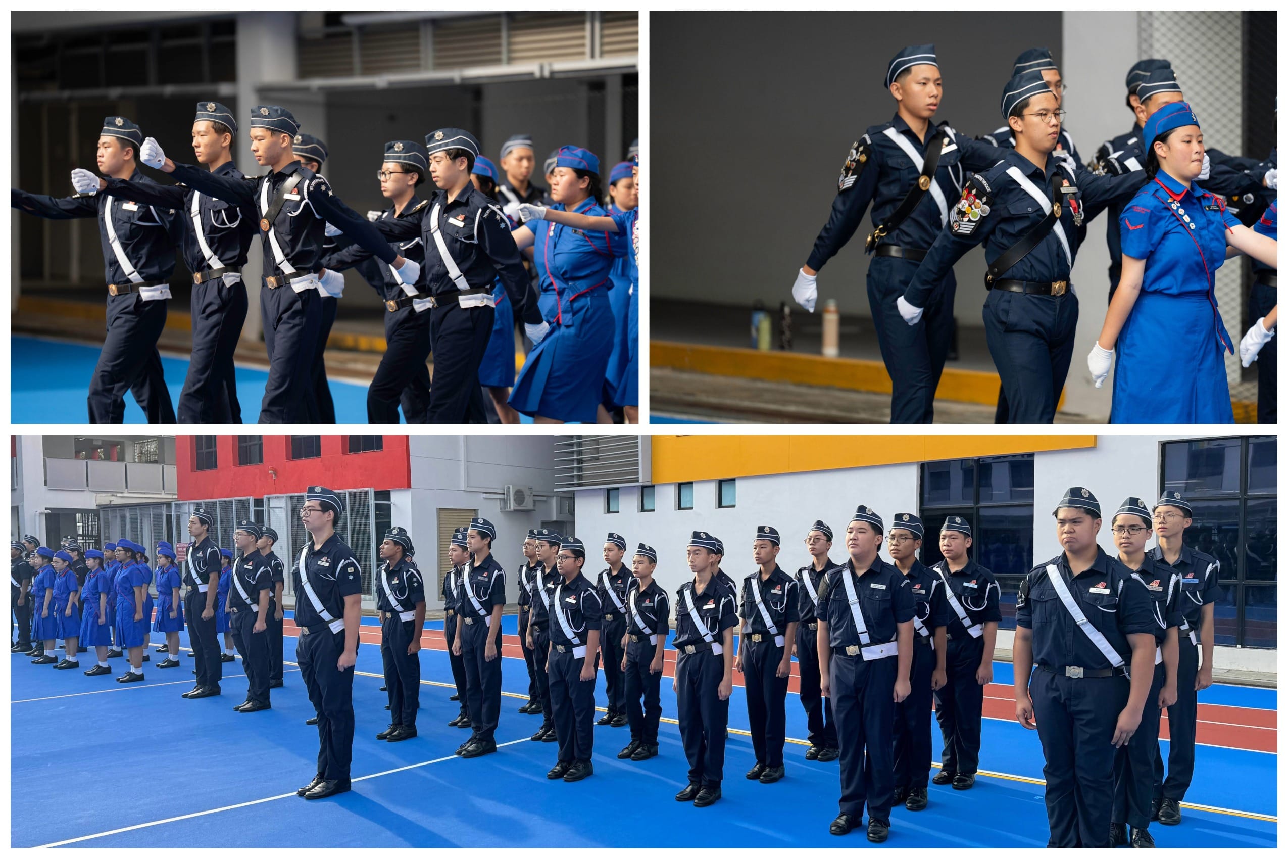 Youth cadets in dark uniforms with white sashes march and stand in formation on a blue outdoor court.