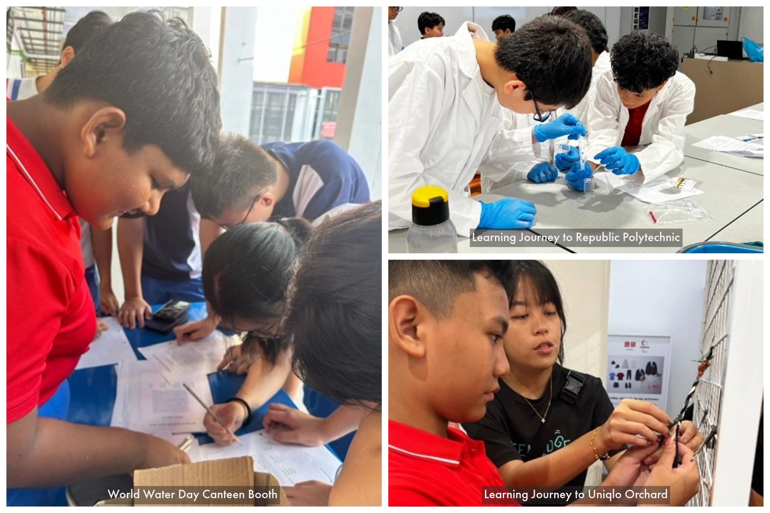Three student activity scenes: writing at a booth, conducting lab experiments in white coats, and examining items at Uniqlo.