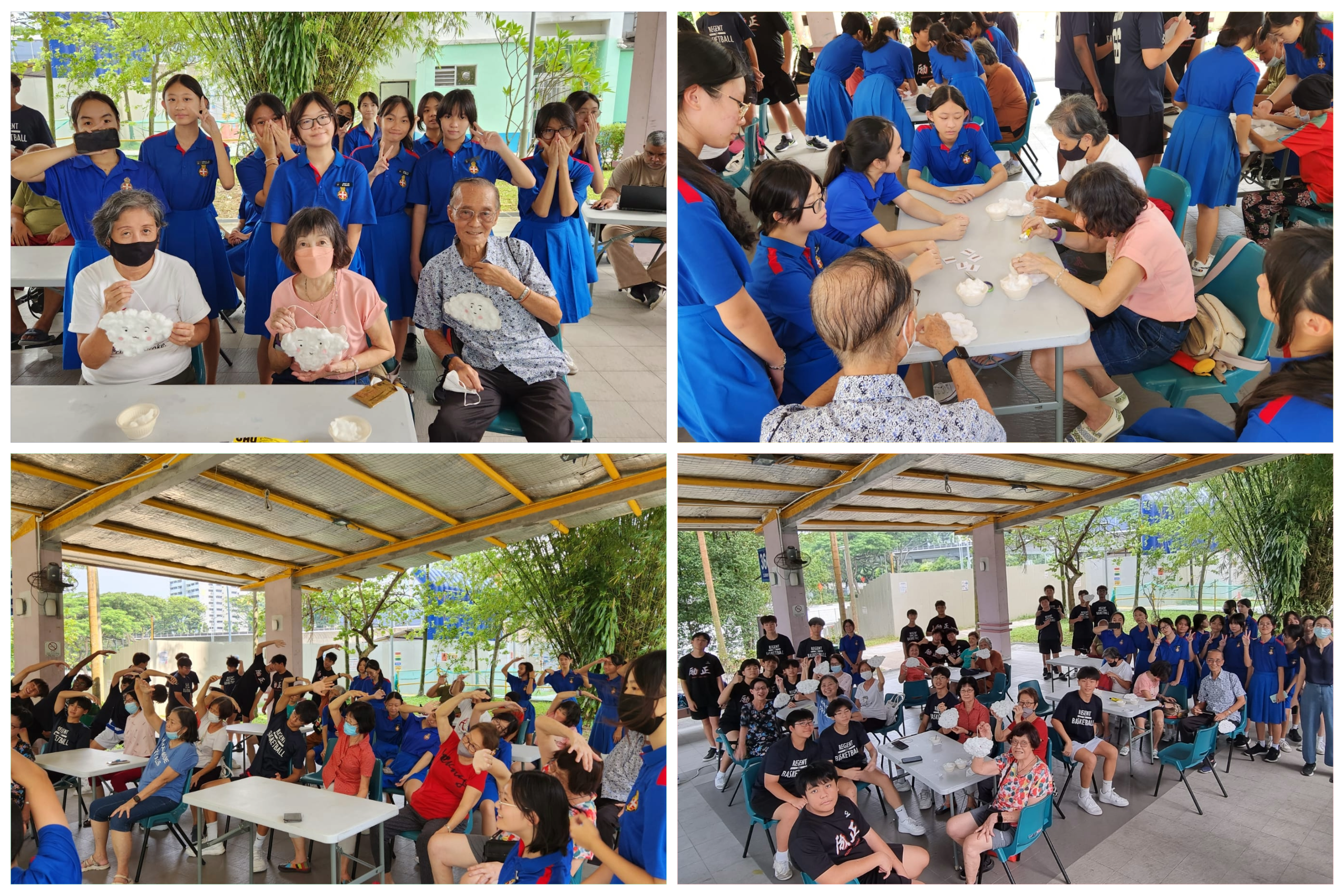 Collage of students in blue uniforms with older adults, making crafts and posing in a covered outdoor area.