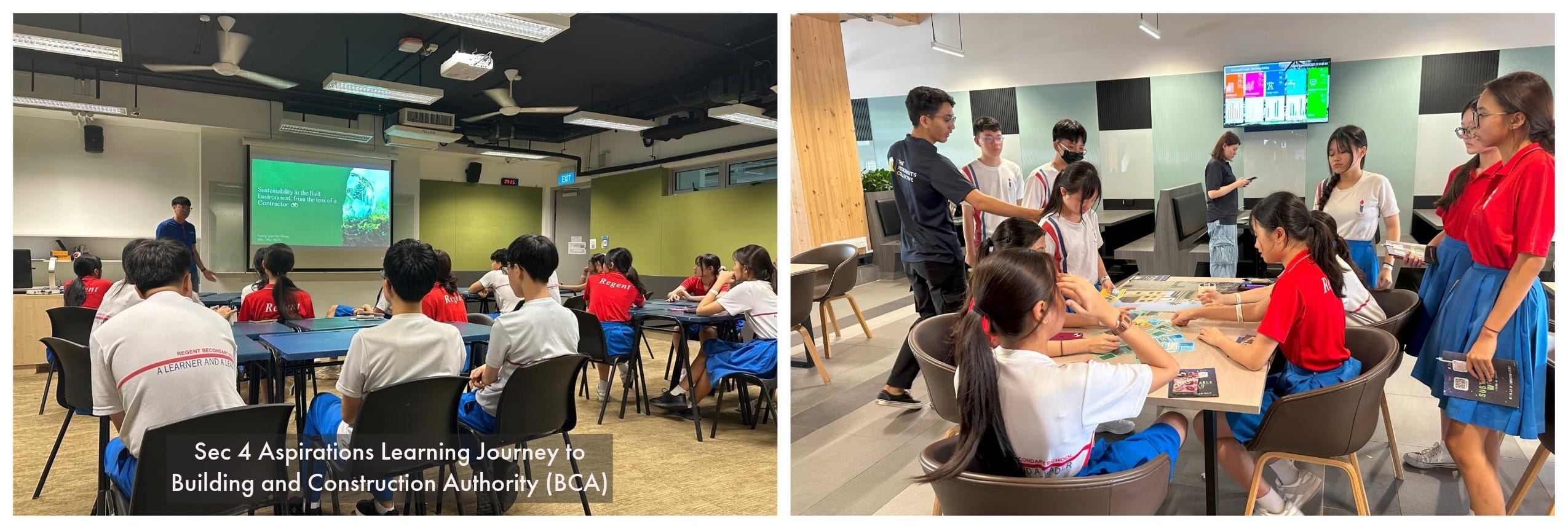 Students attend a BCA learning journey, watching a presentation and doing a hands-on activity at tables.