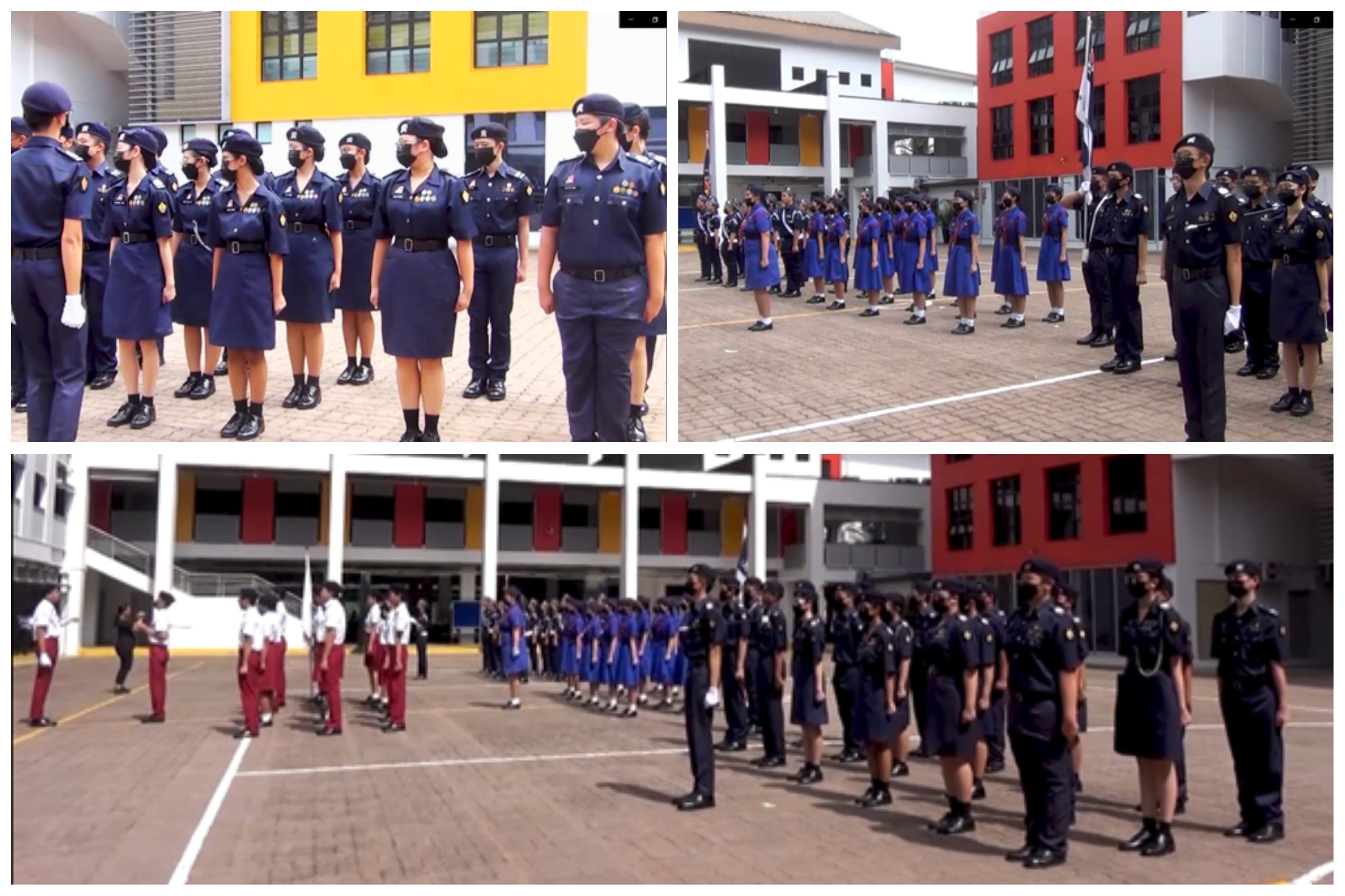 Students in navy and blue uniforms with face masks stand in formation outdoors at a school parade ground.