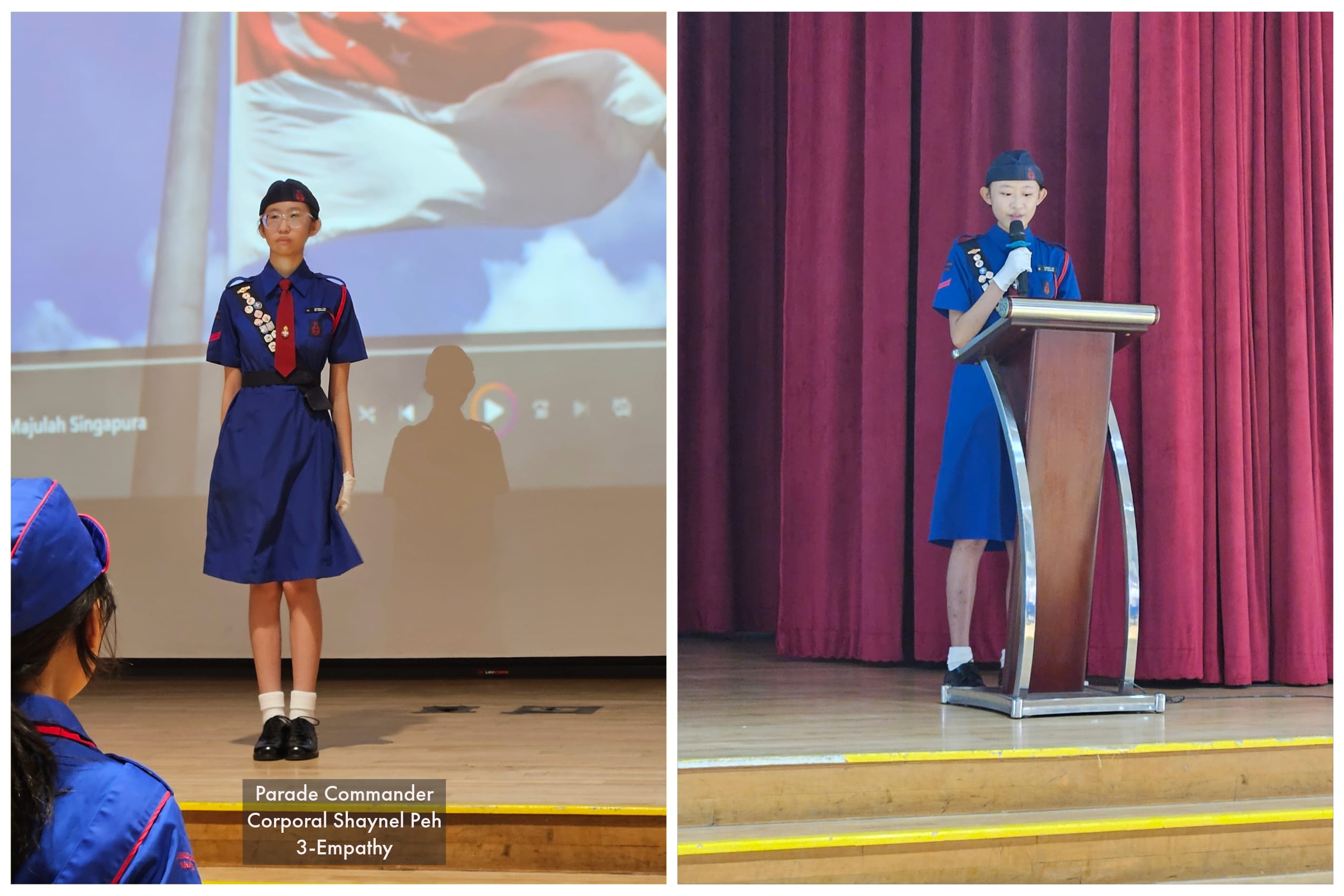 Two youth in blue scout uniforms on stage, one standing at attention, one speaking at a wooden podium.