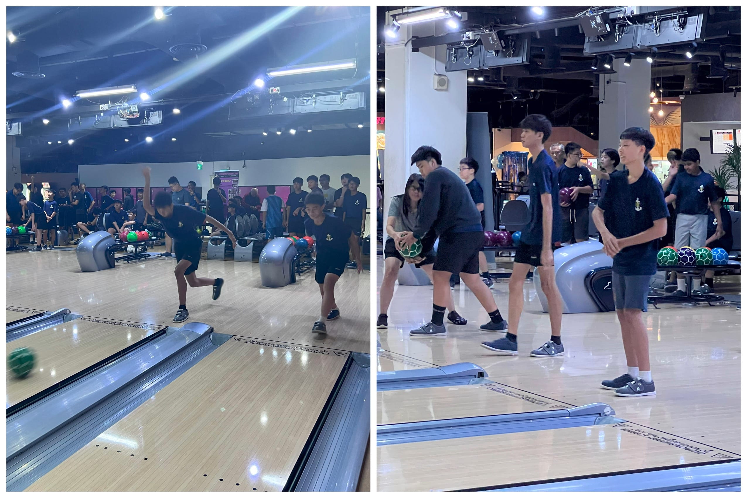 Two side-by-side photos of young people in black uniforms bowling at an indoor bowling alley with colorful balls.