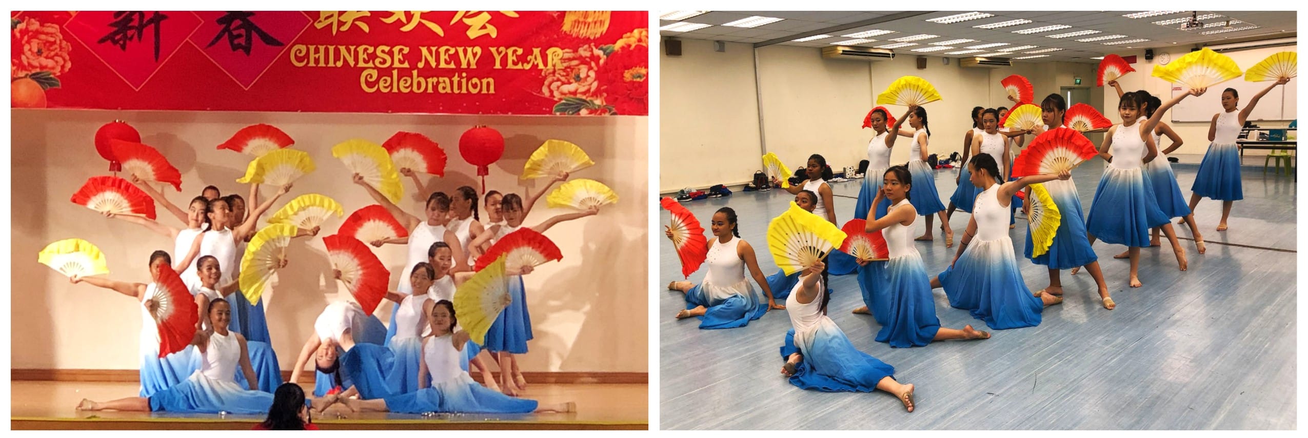 Girls in white and blue dresses perform a Chinese fan dance at a Chinese New Year celebration and in rehearsal.