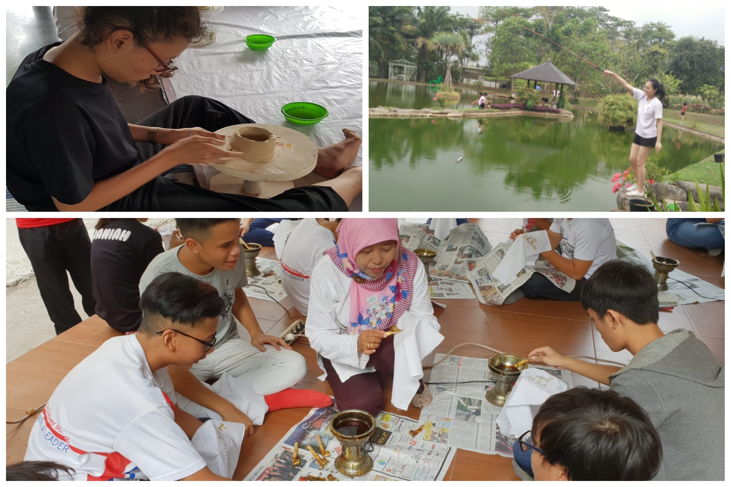 Three scenes: a girl shaping clay pottery, a woman fishing by a pond, and students working on brass objects over newspapers.