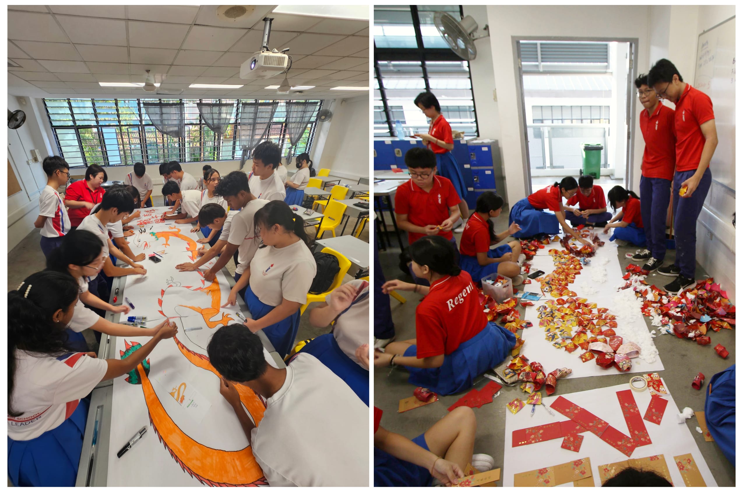 Students in uniforms collaborate on a large dragon mural painting and arrange colorful paper crafts on the floor.