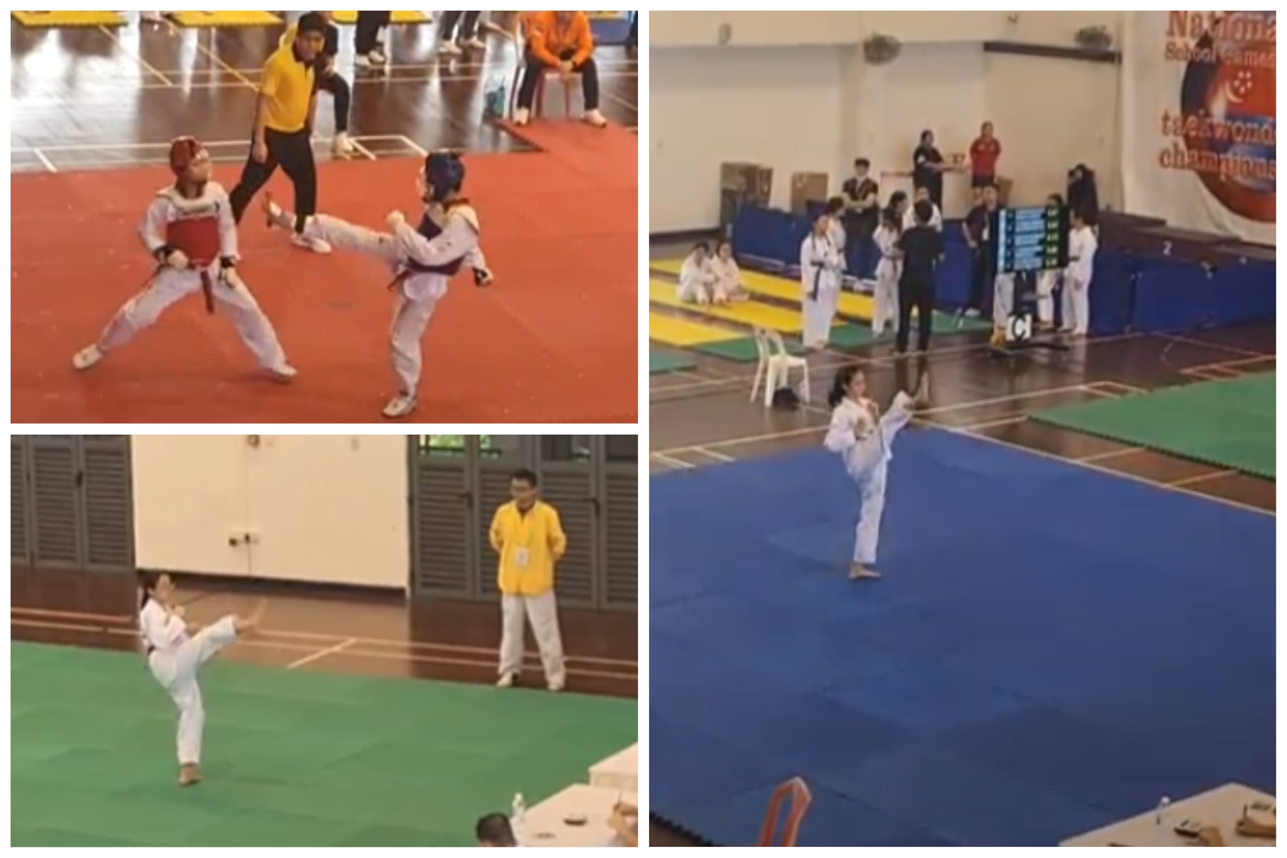 Three taekwondo competition scenes showing sparring match and solo performers executing high kicks on colored mats indoors.
