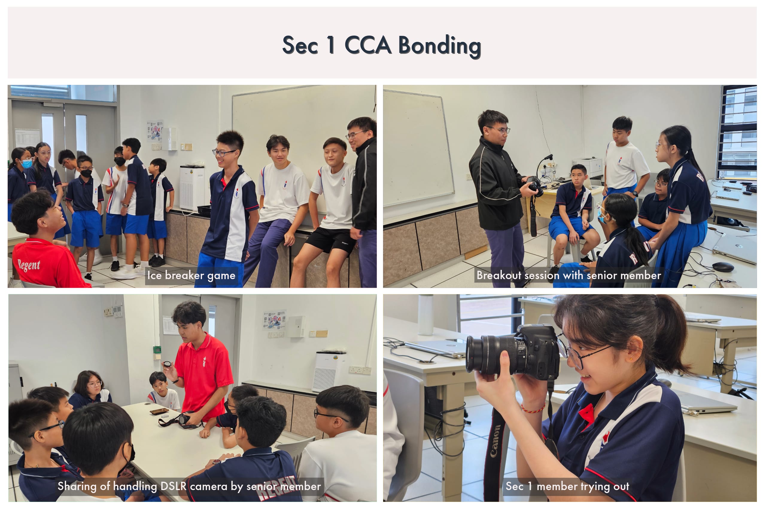 Four photos from a Sec 1 CCA Bonding event showing students doing ice breakers, group sessions, and trying DSLR cameras.