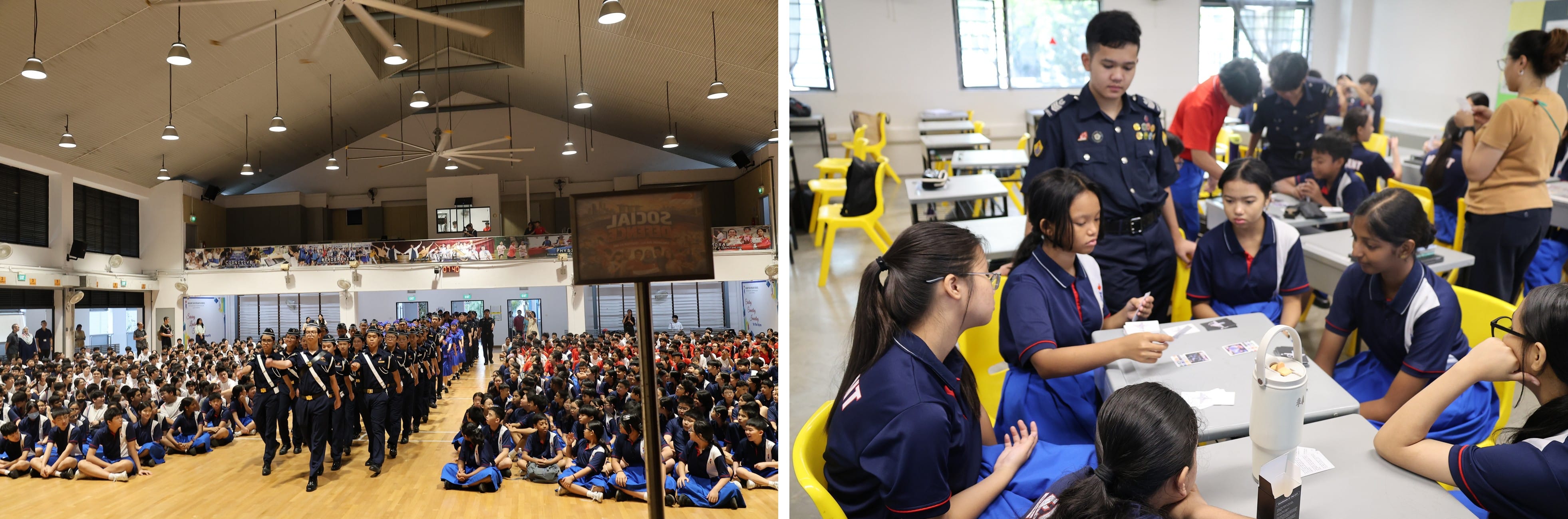Students in uniforms march in a school hall while others sit; right shows students at tables with an officer supervising.